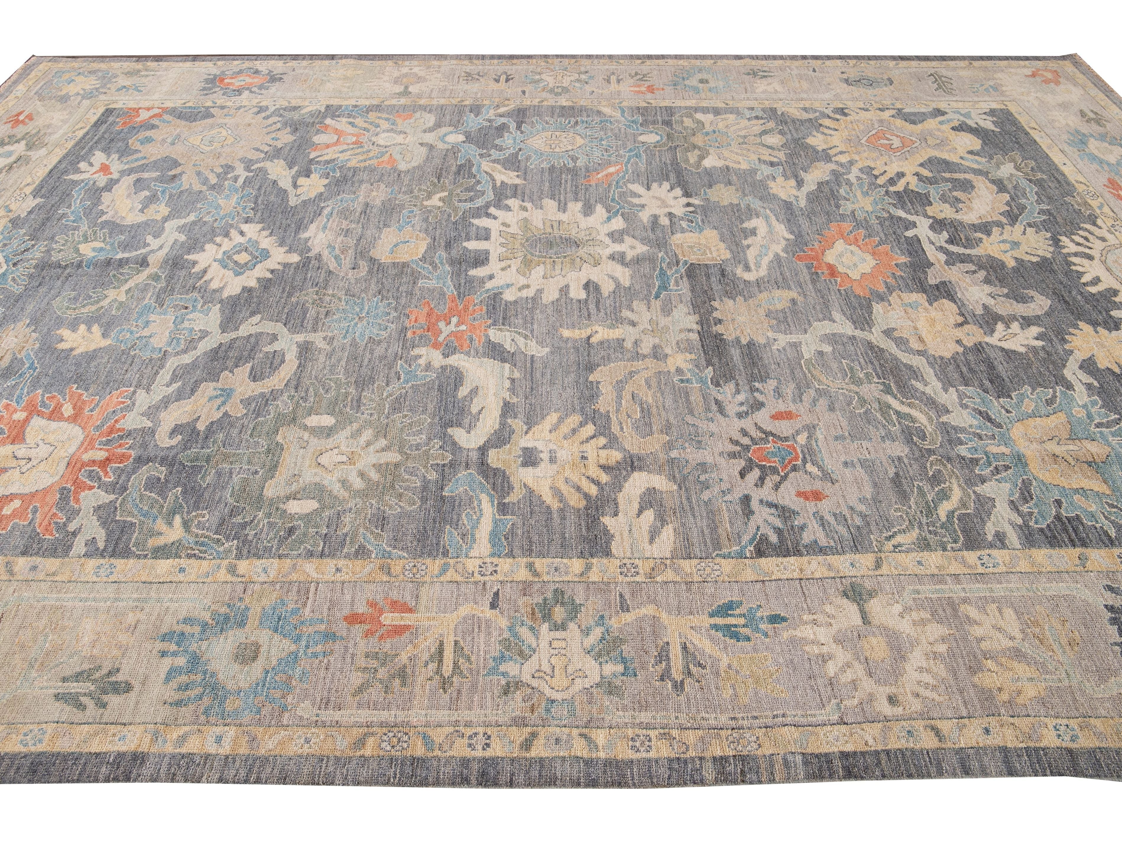 Modern Sultanabad Gray Handmade Geometric Floral Wool Rug