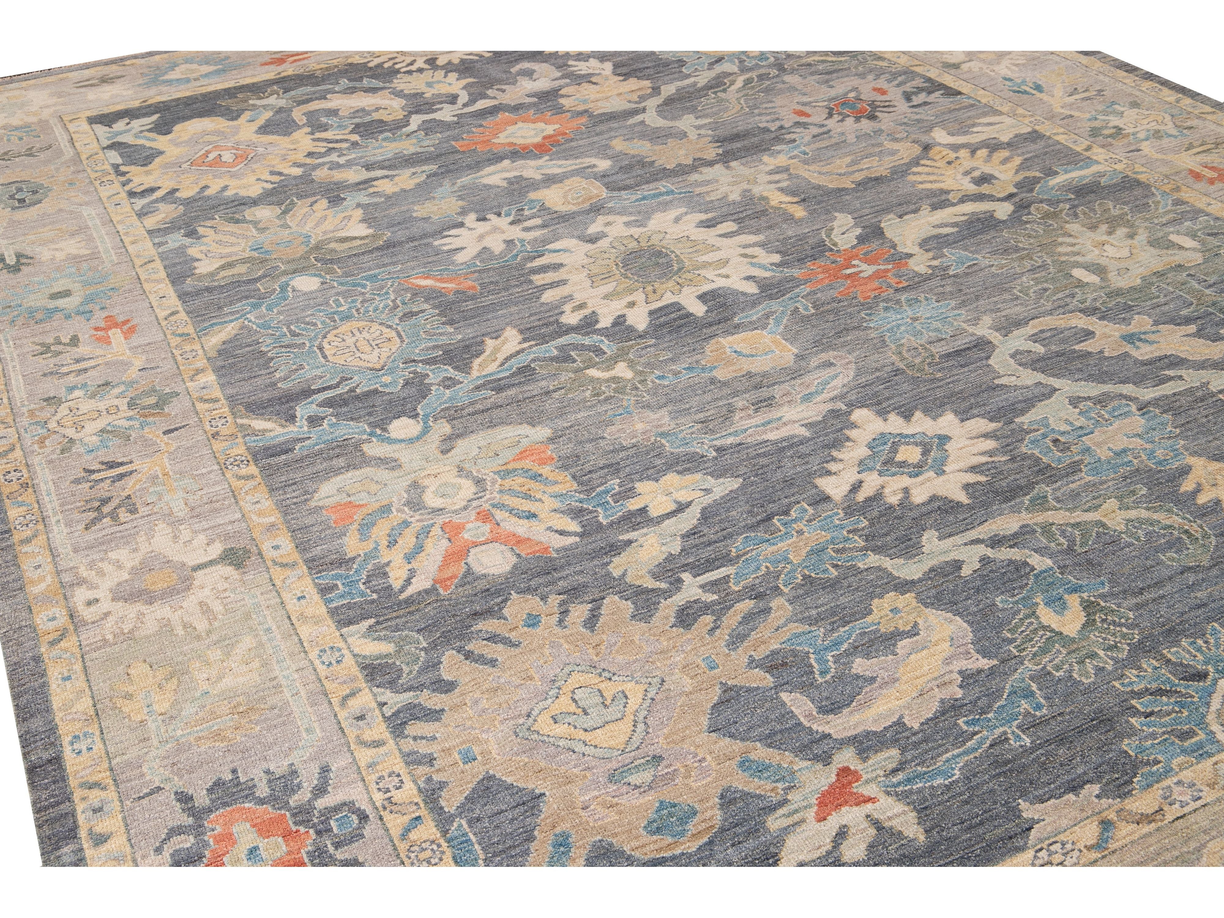 Modern Sultanabad Gray Handmade Geometric Floral Wool Rug