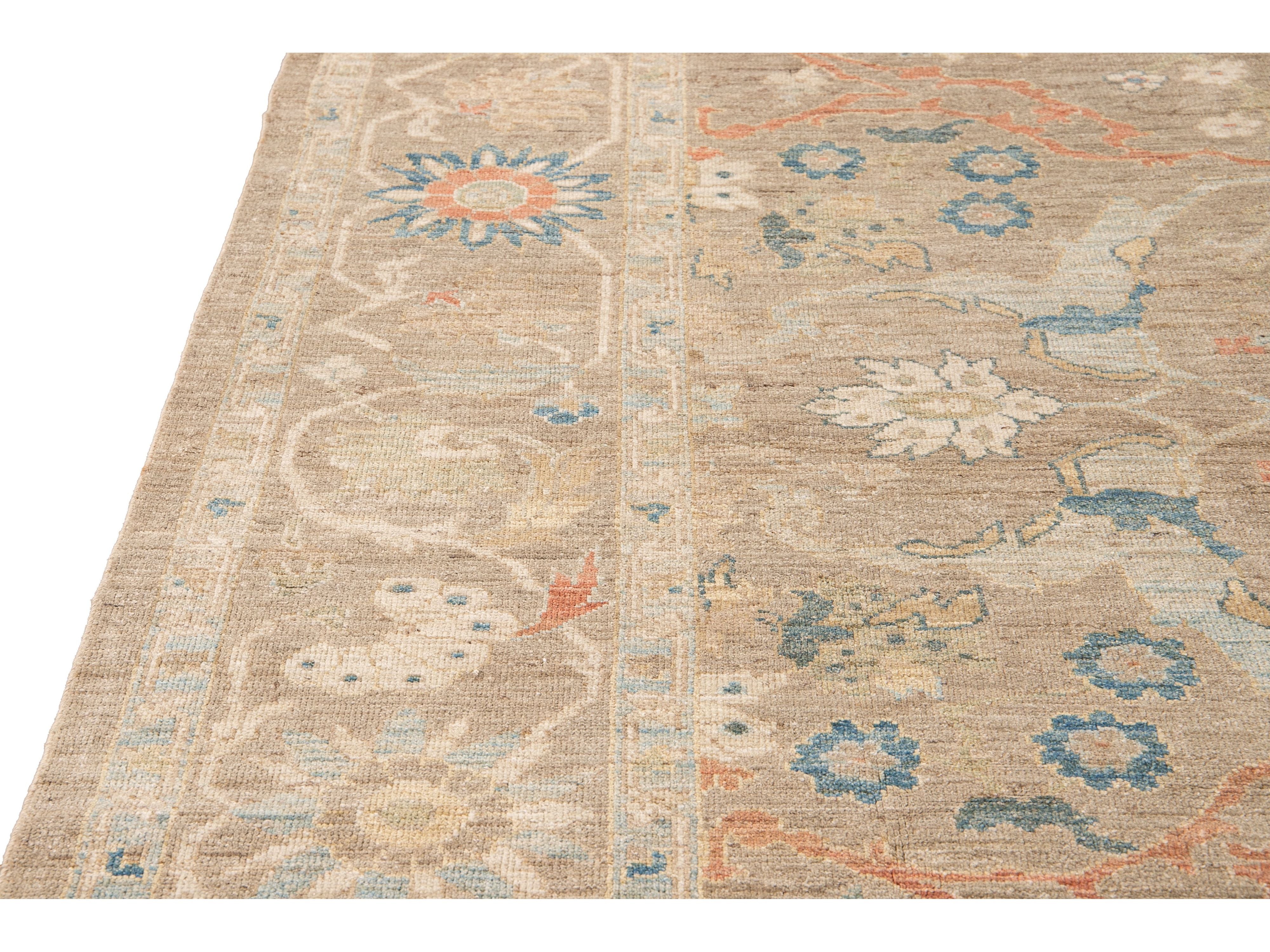 Contemporary Sultanabad Tan Handmade Geometric Floral Wool Rug