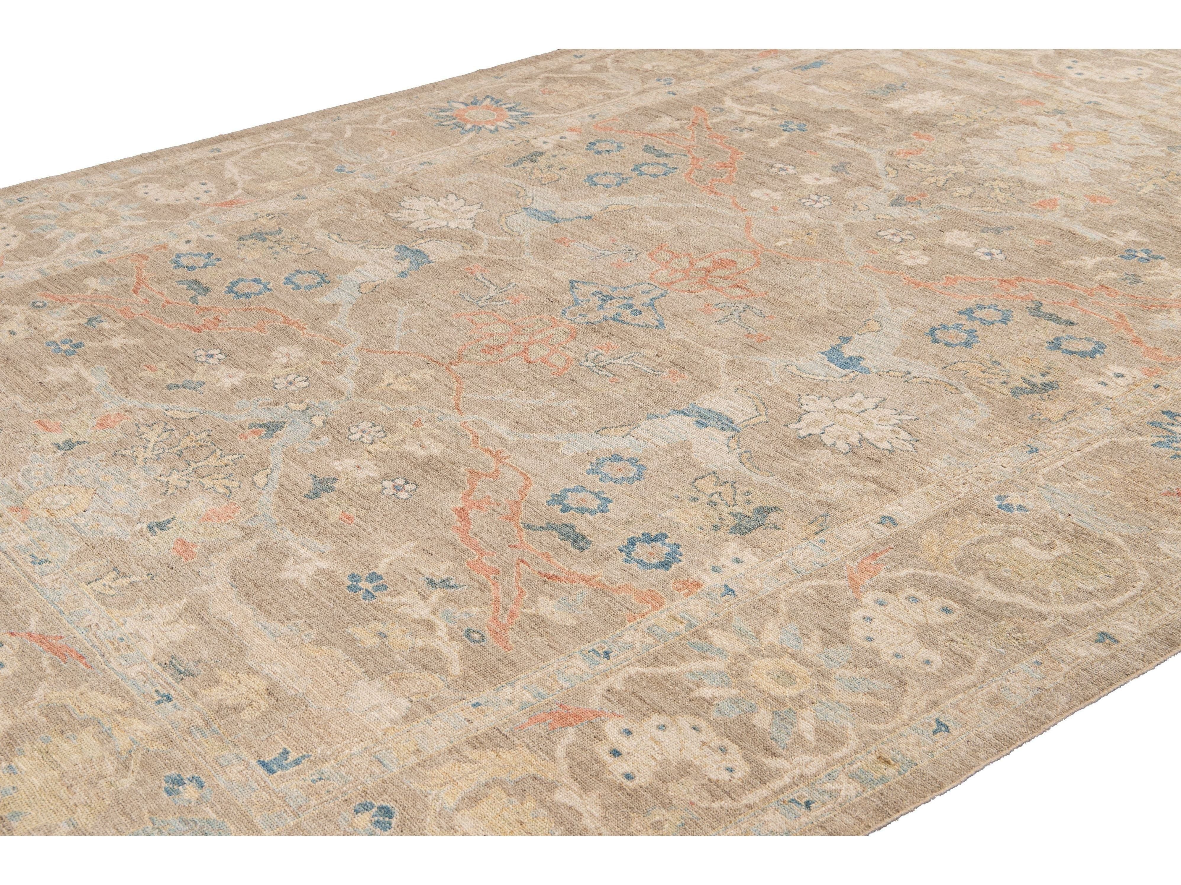Contemporary Sultanabad Tan Handmade Geometric Floral Wool Rug