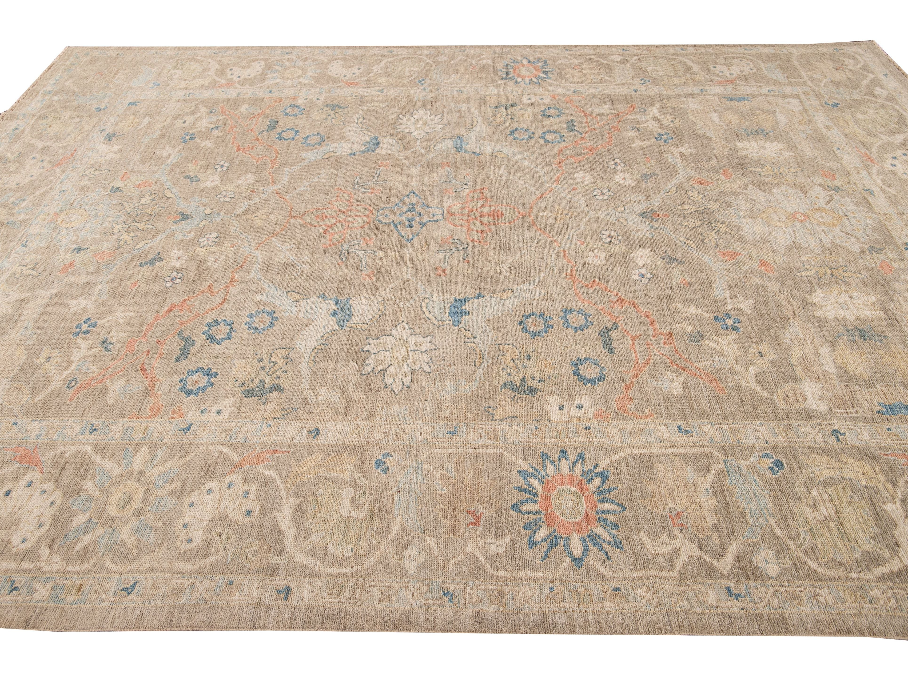 Contemporary Sultanabad Tan Handmade Geometric Floral Wool Rug