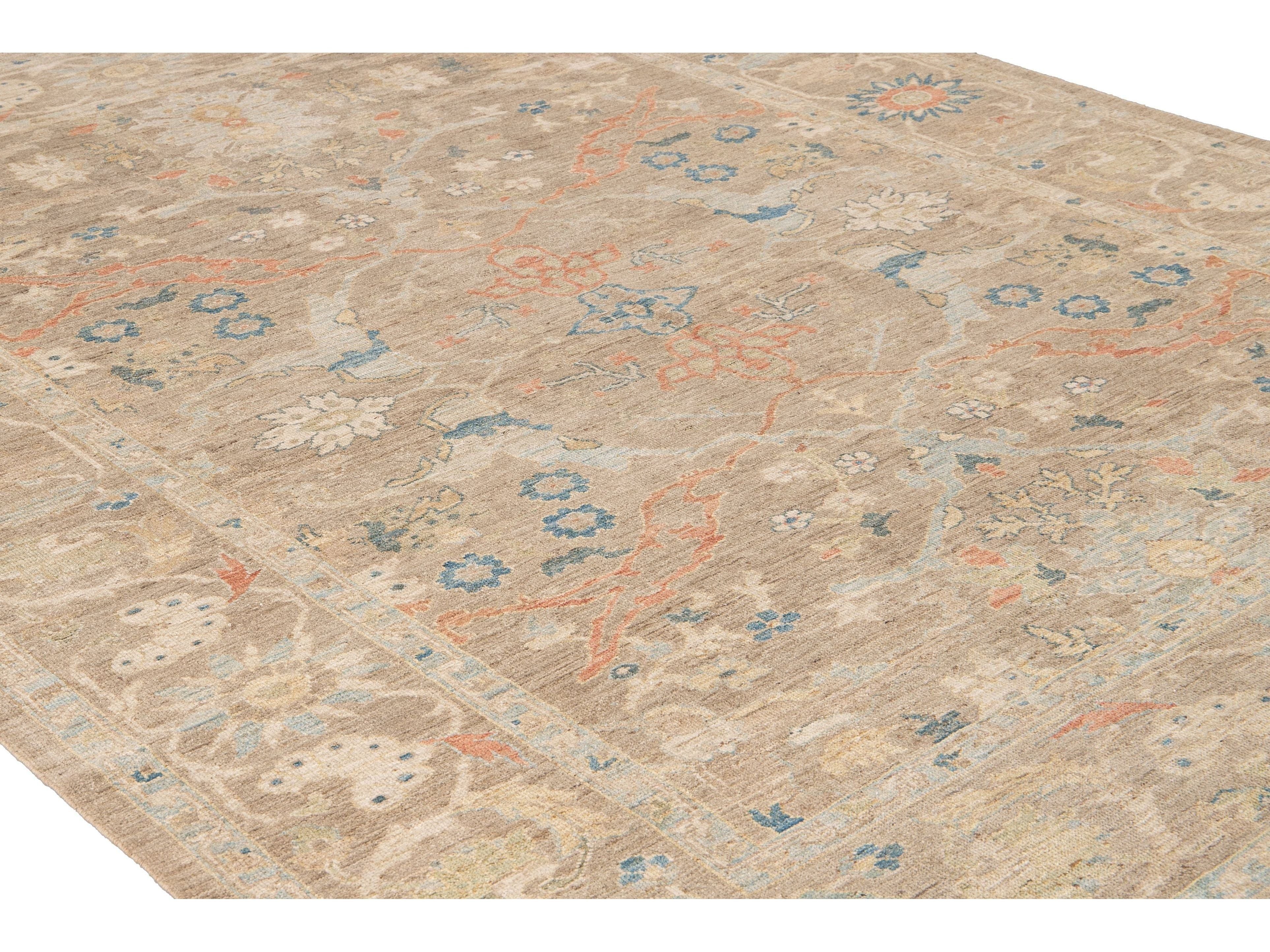 Contemporary Sultanabad Tan Handmade Geometric Floral Wool Rug