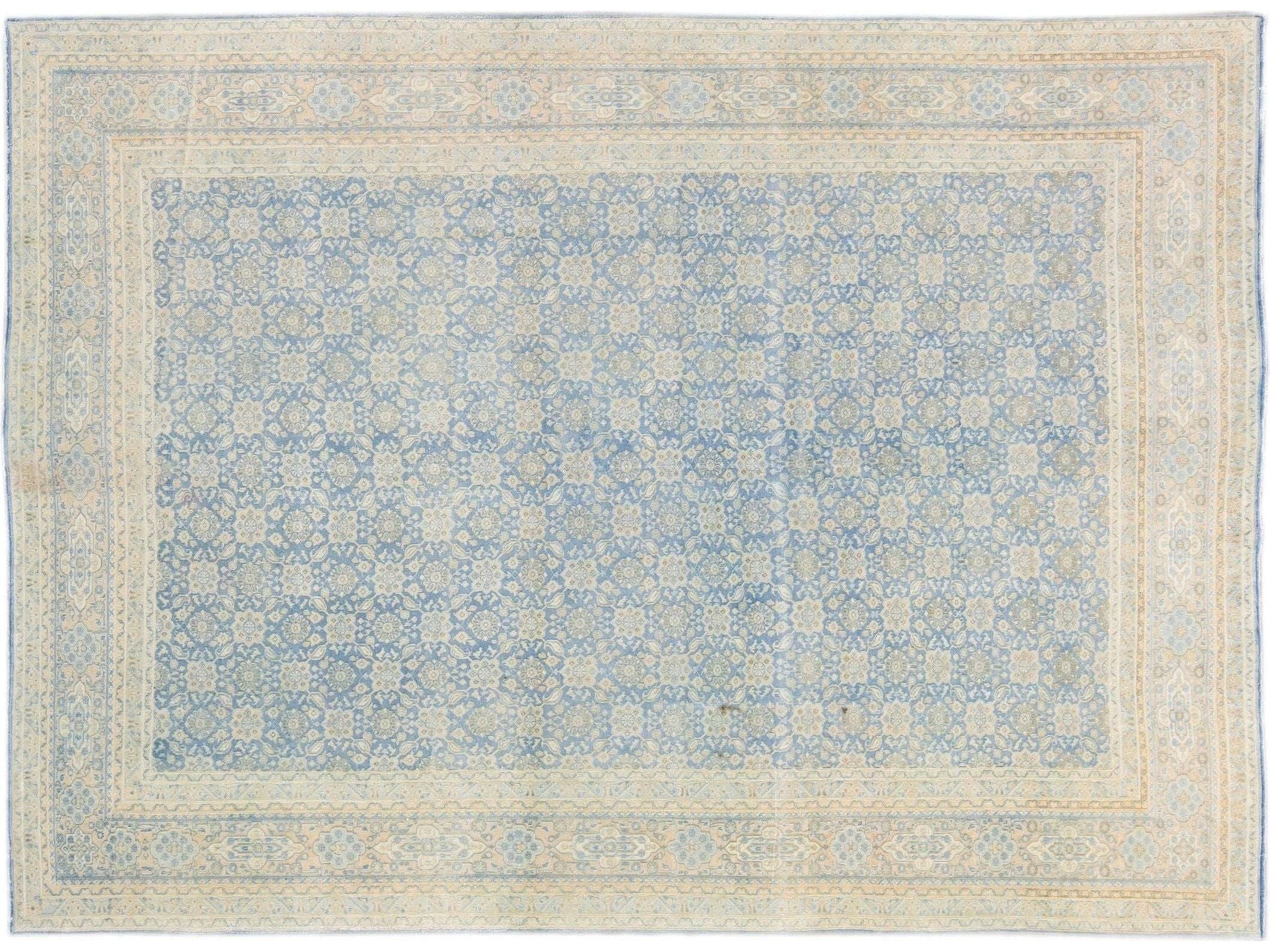 Antique Persian Tabriz Handmade Floral Pattern Blue Wool Rug