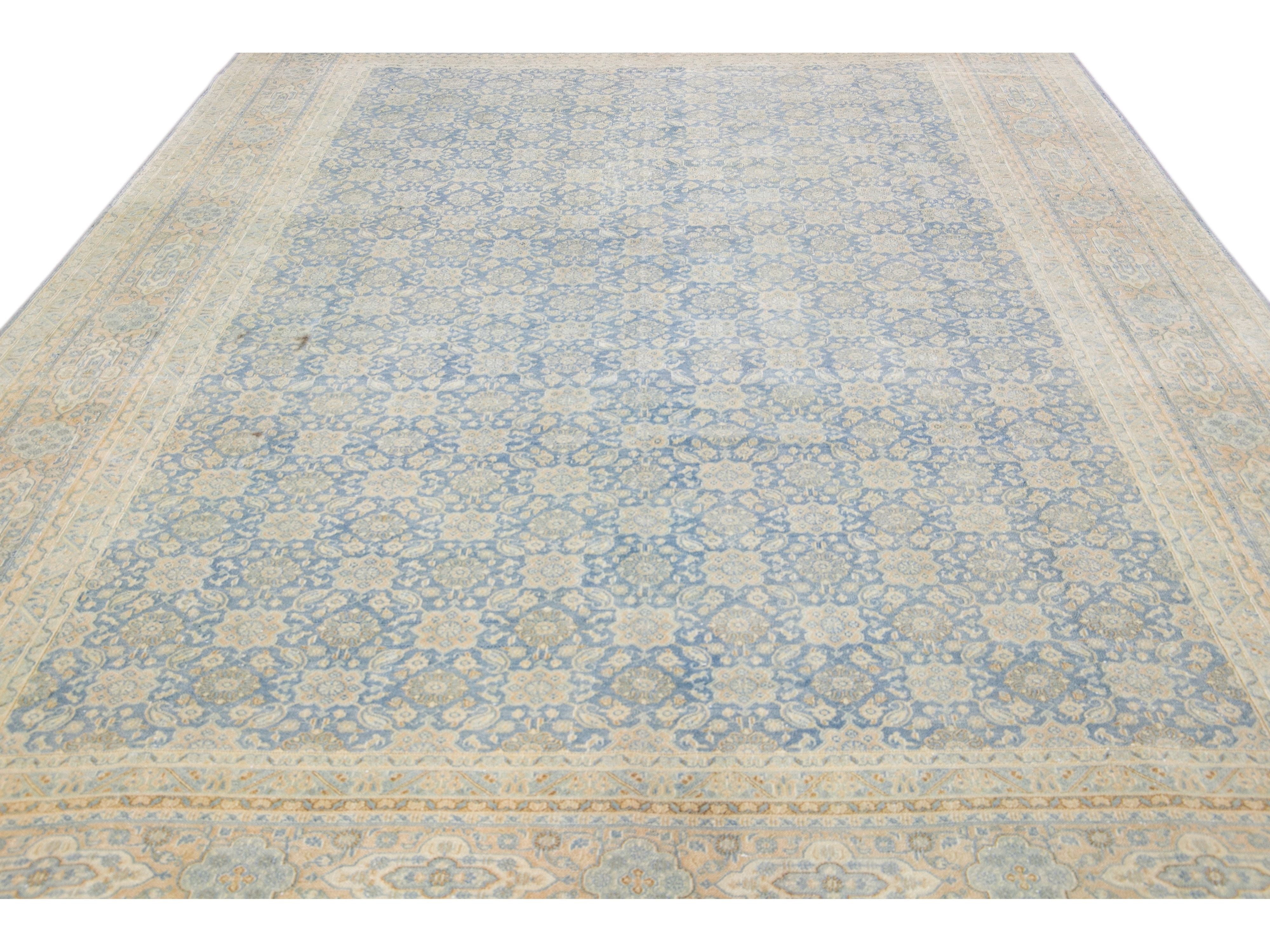Antique Persian Tabriz Handmade Floral Pattern Blue Wool Rug