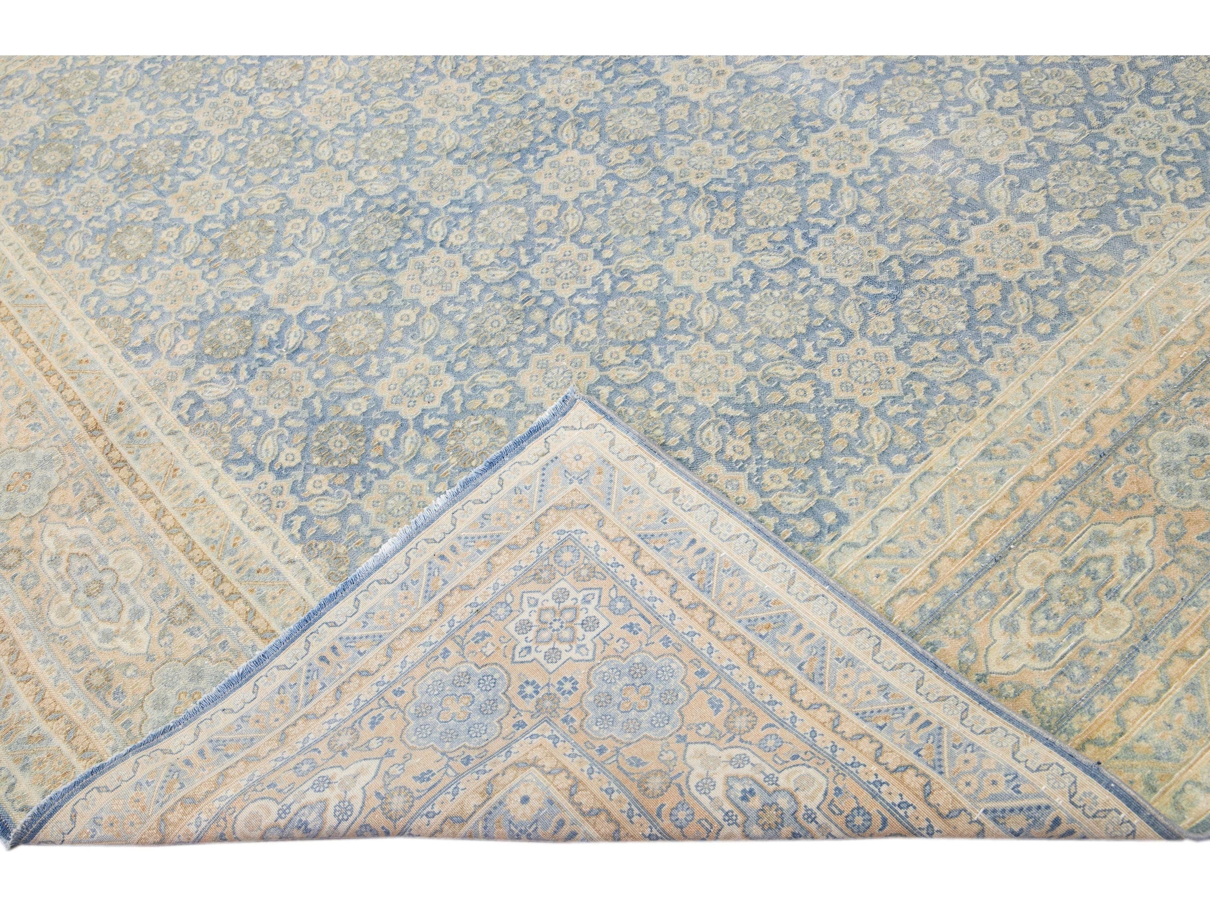 Antique Persian Tabriz Handmade Floral Pattern Blue Wool Rug