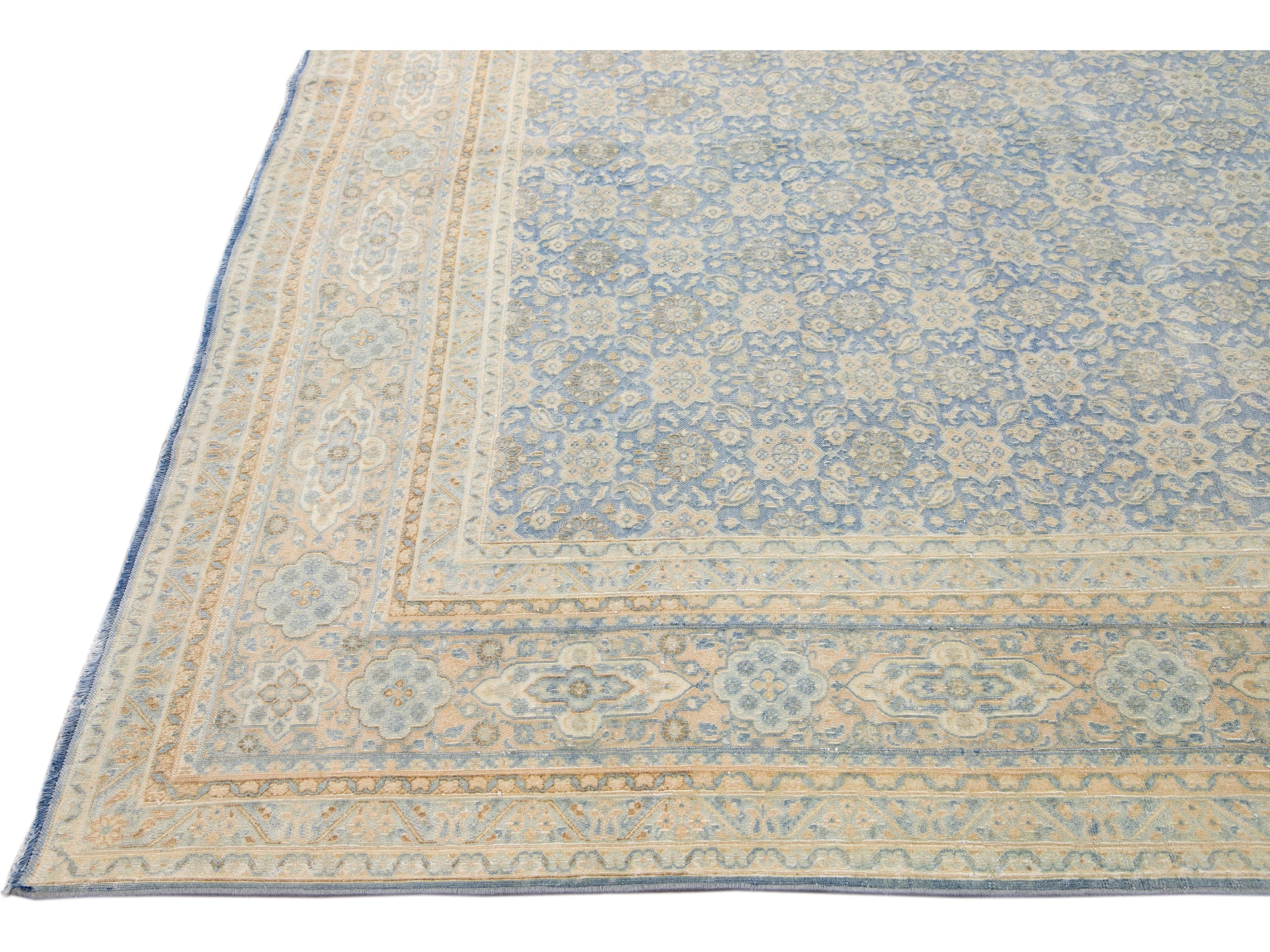 Antique Persian Tabriz Handmade Floral Pattern Blue Wool Rug