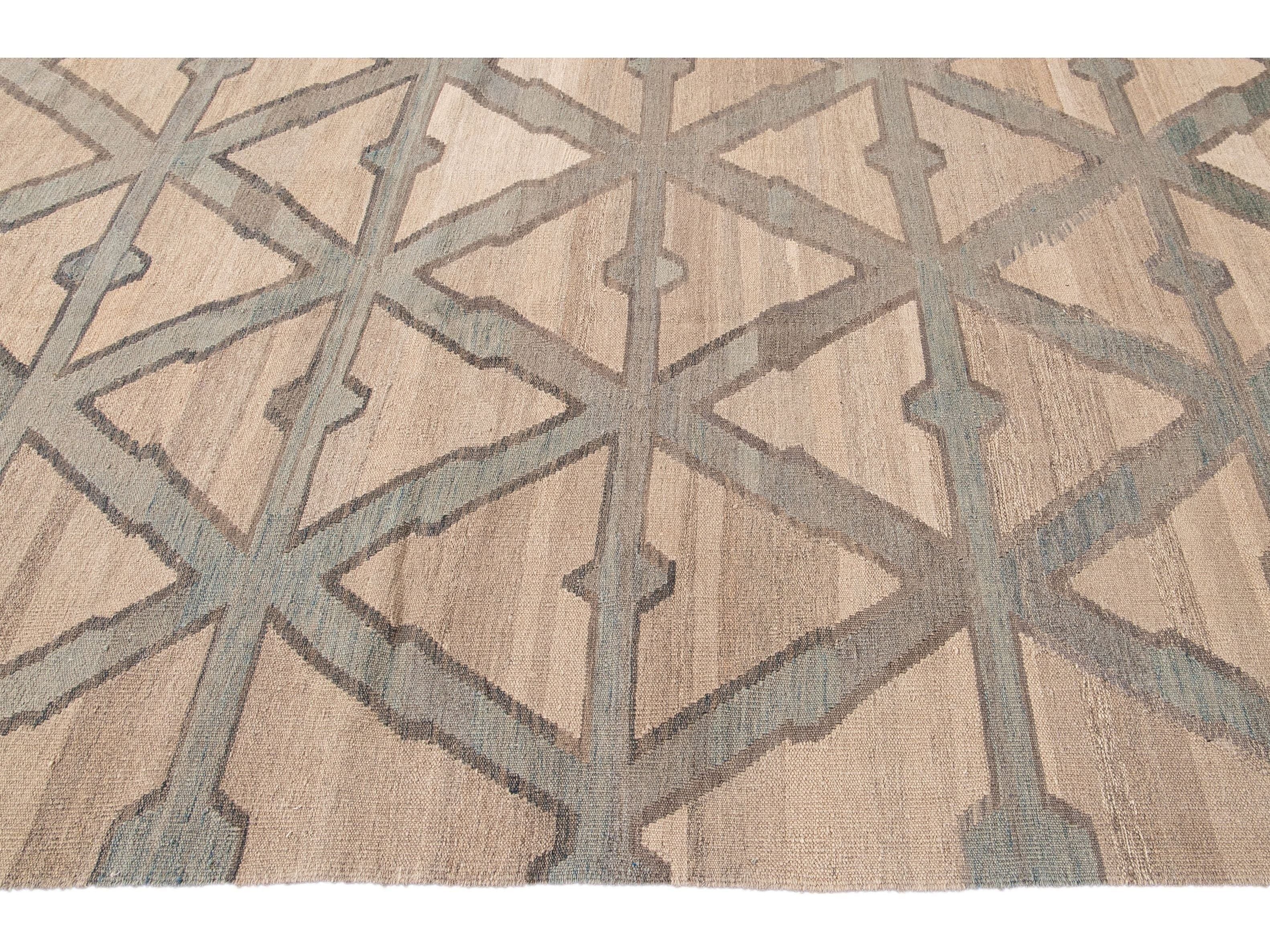 Modern Beige Kilim Flatweave Geometric Pattern Wool Rug