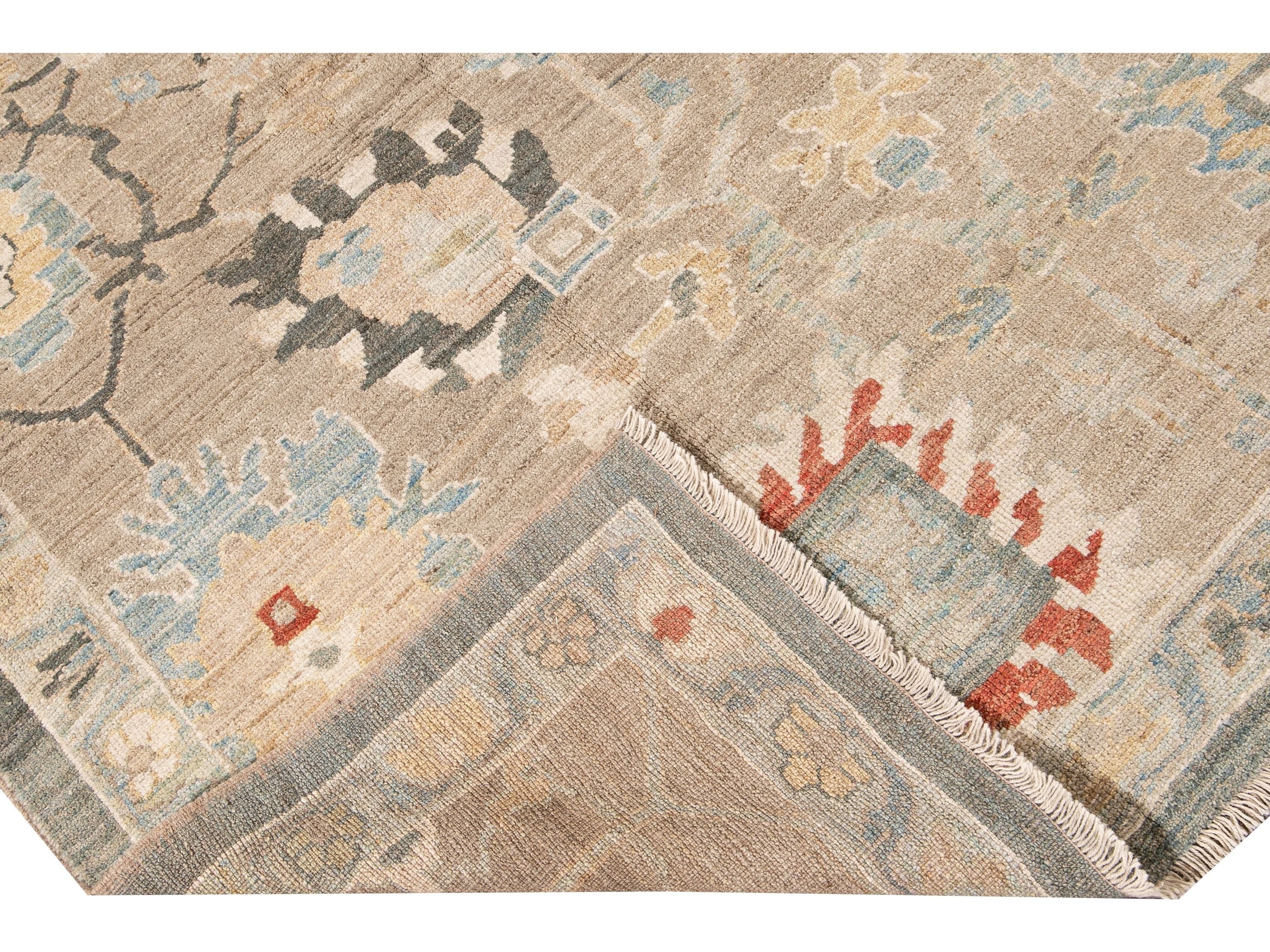 Modern Sultanabad Nude Handmade Geometric Floral Wool Rug