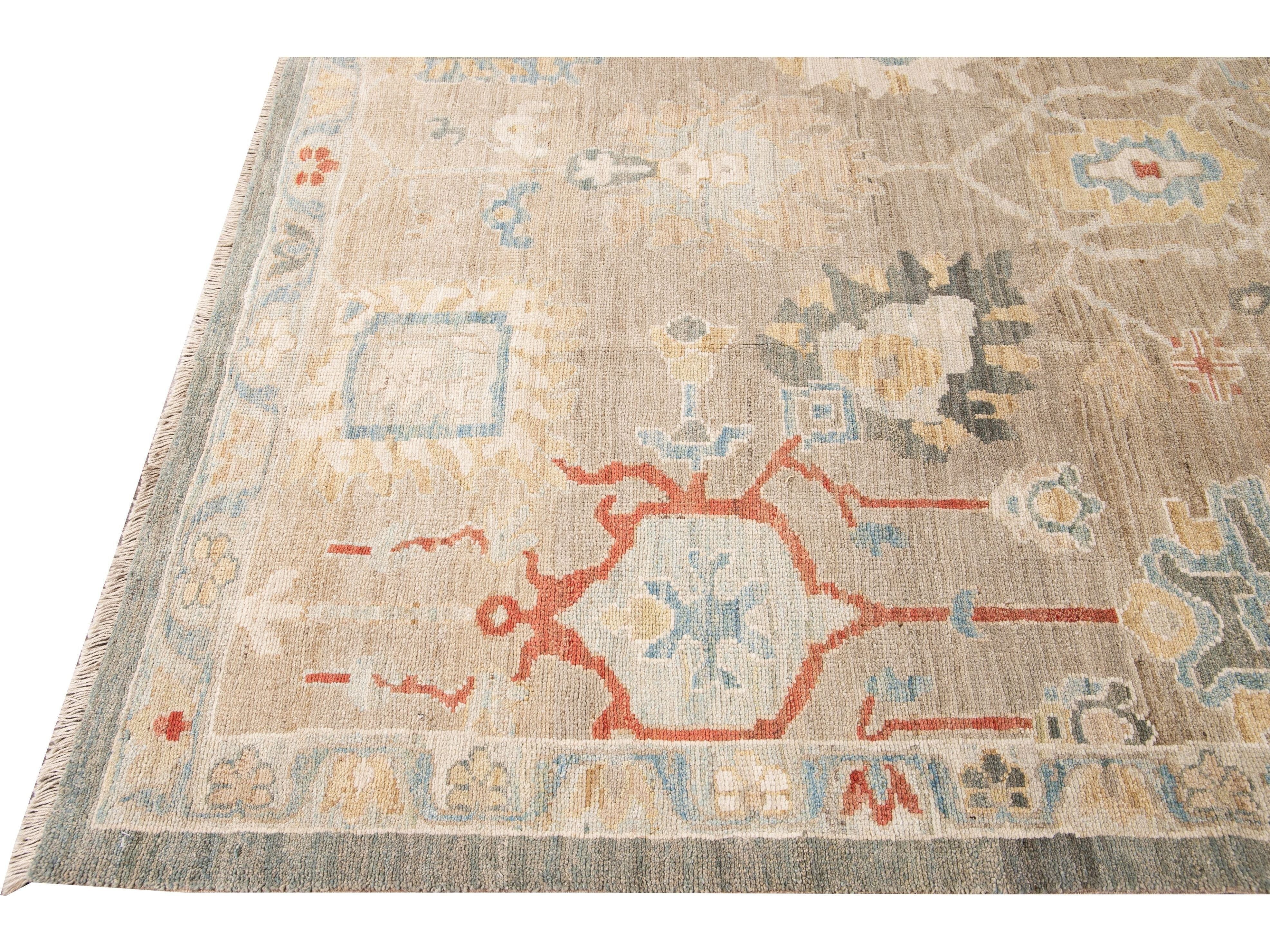 Modern Sultanabad Nude Handmade Geometric Floral Wool Rug