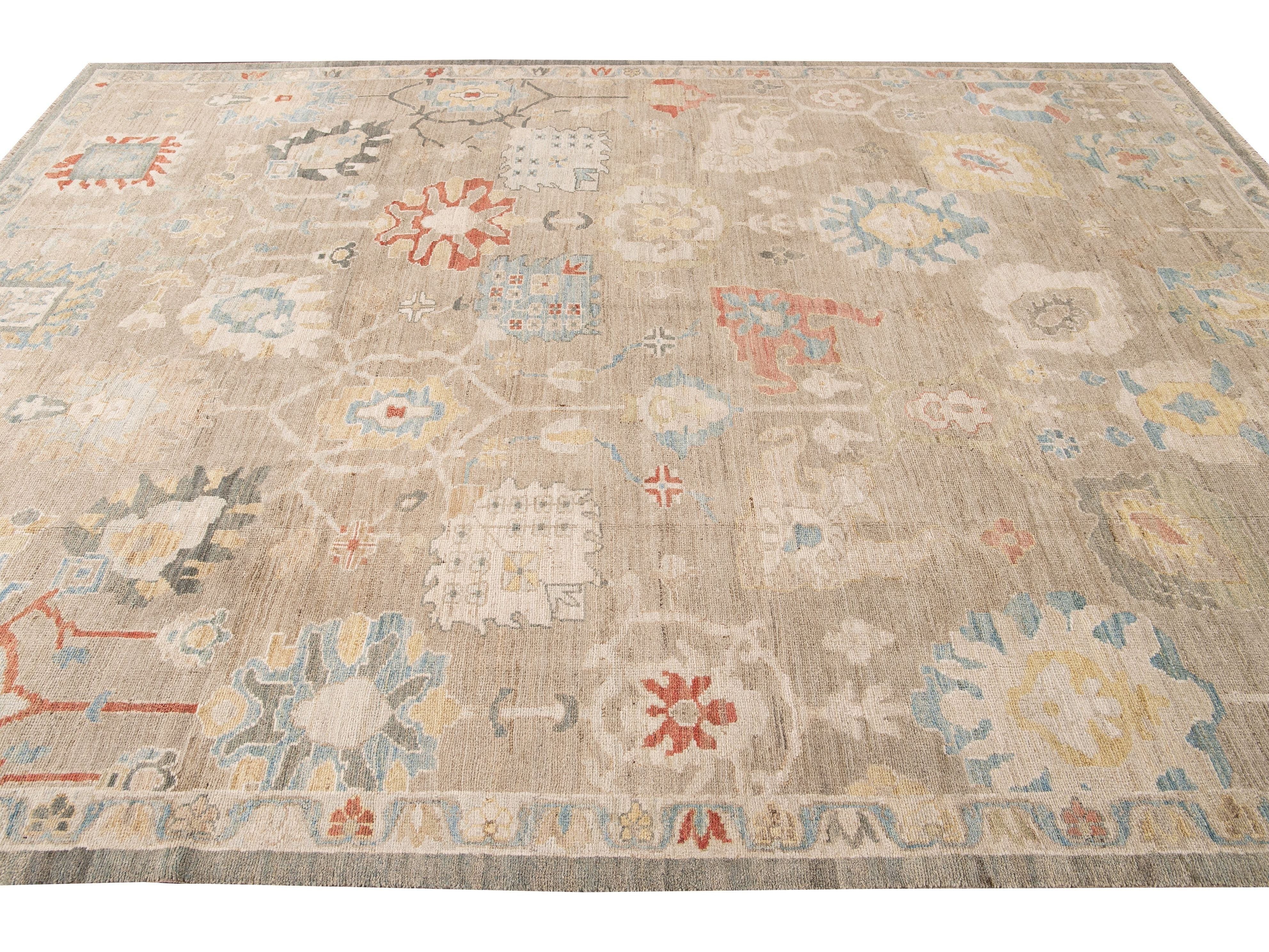 Modern Sultanabad Nude Handmade Geometric Floral Wool Rug