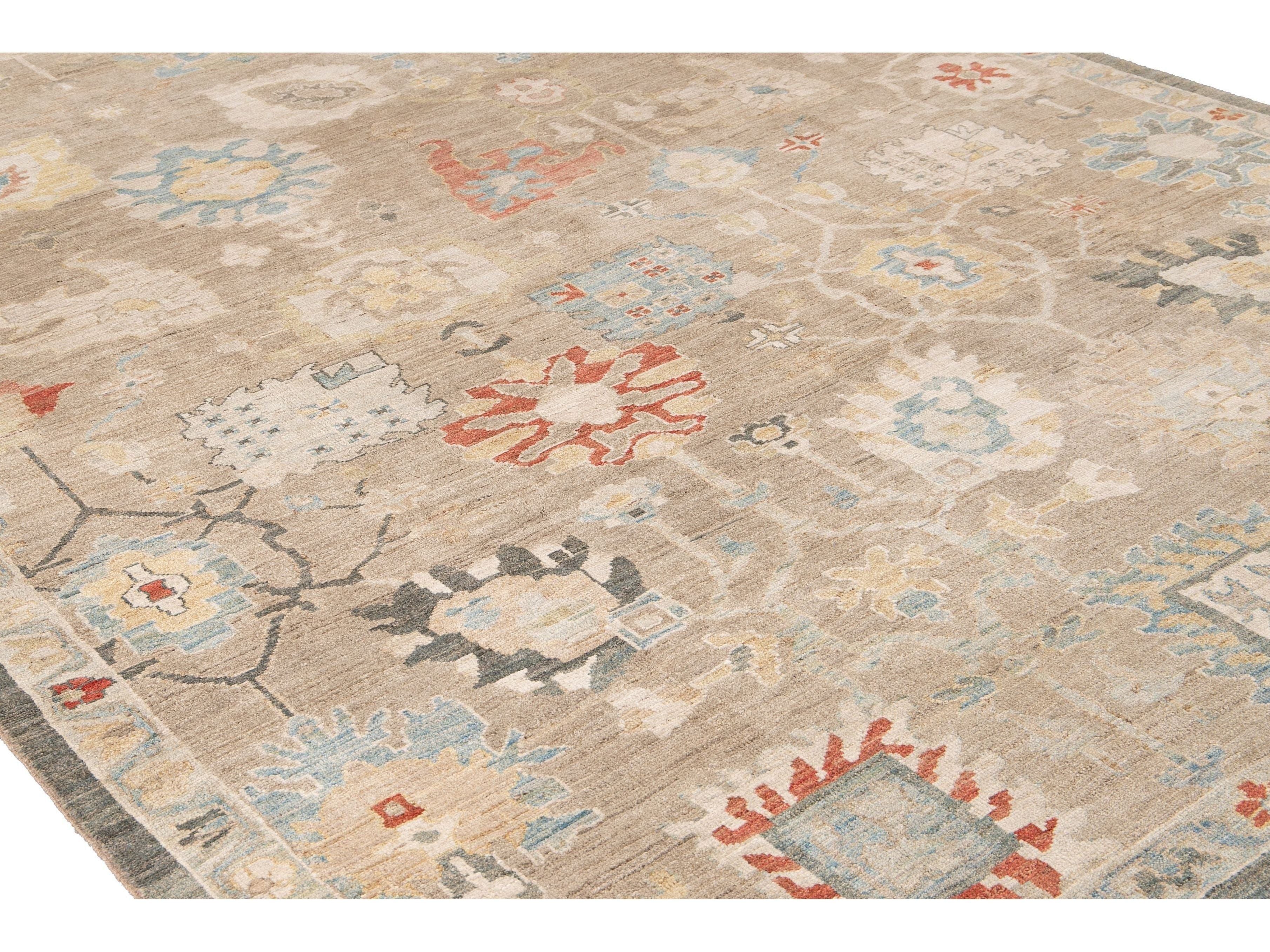 Modern Sultanabad Nude Handmade Geometric Floral Wool Rug