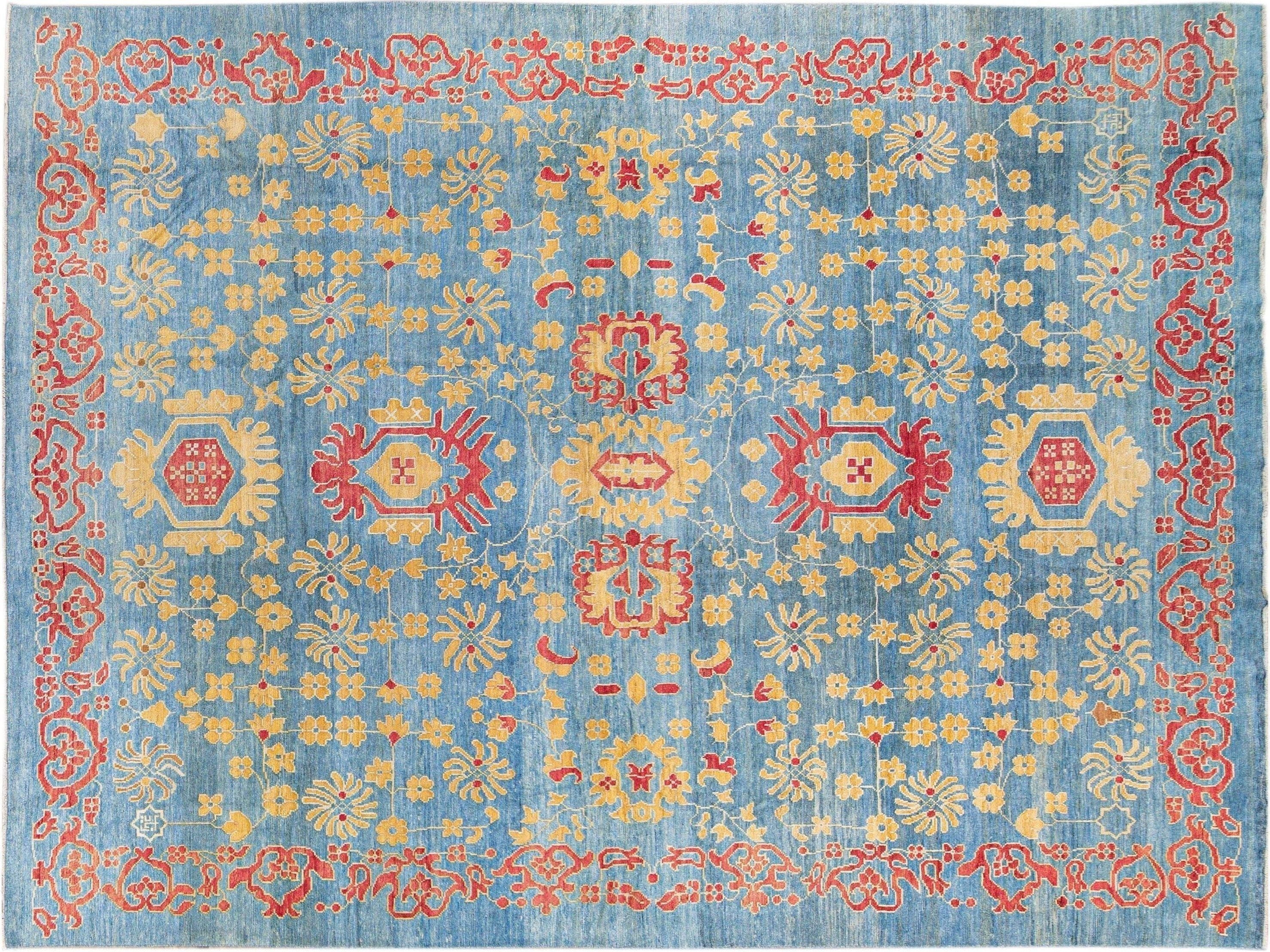 Modern Oushak Handmade Floral Blue Oversize Wool Rug