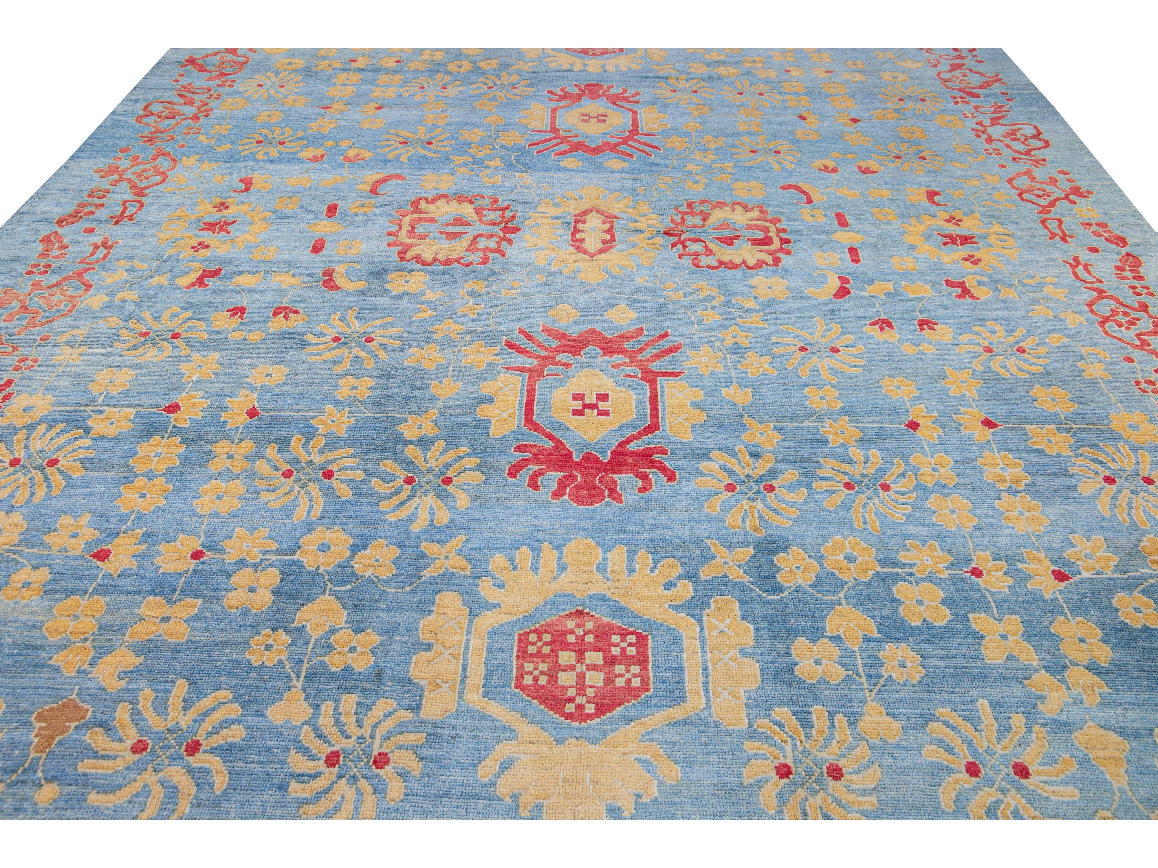 Modern Oushak Handmade Floral Blue Oversize Wool Rug