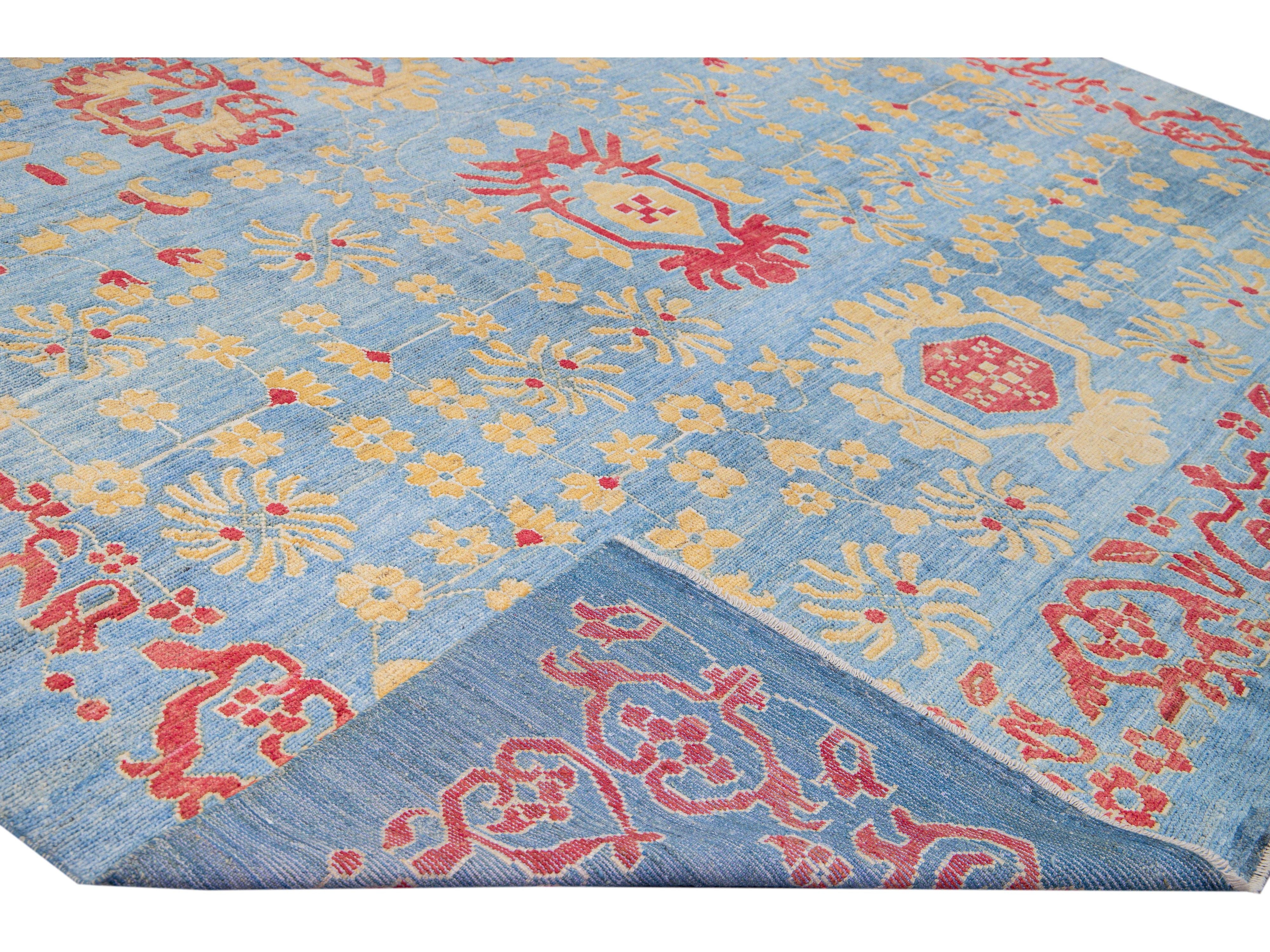 Modern Oushak Handmade Floral Blue Oversize Wool Rug
