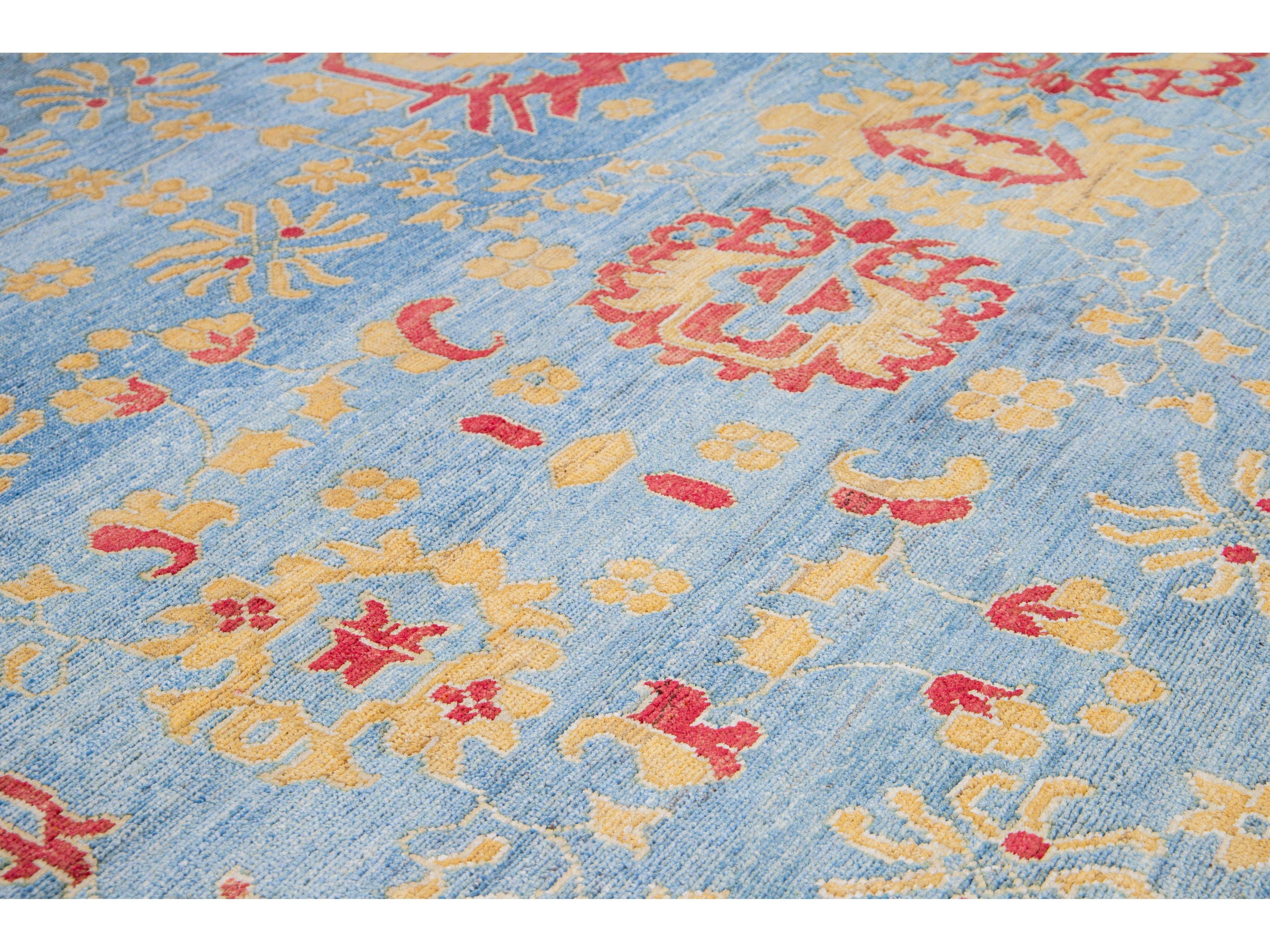 Modern Oushak Handmade Floral Blue Oversize Wool Rug