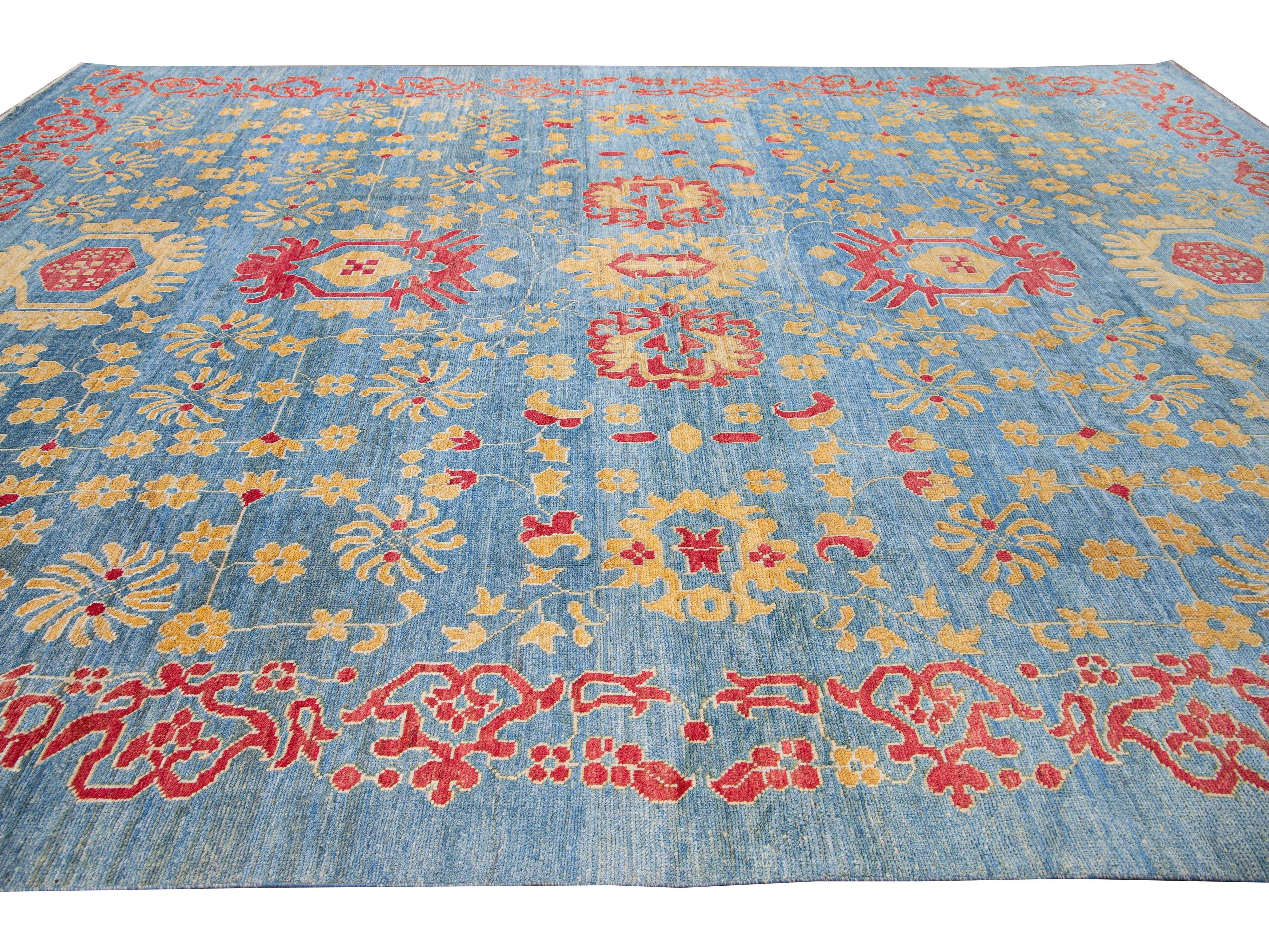 Modern Oushak Handmade Floral Blue Oversize Wool Rug