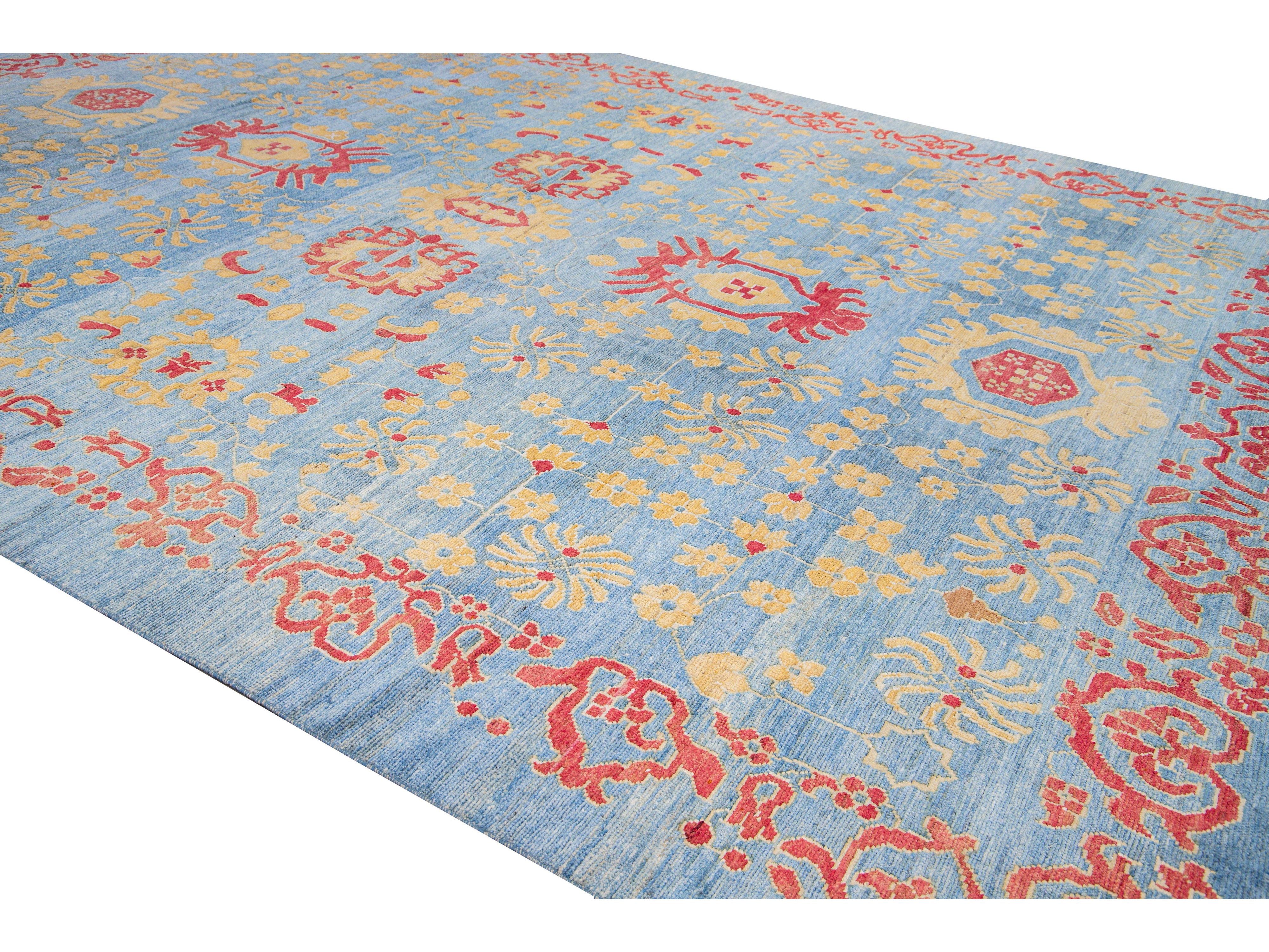 Modern Oushak Handmade Floral Blue Oversize Wool Rug