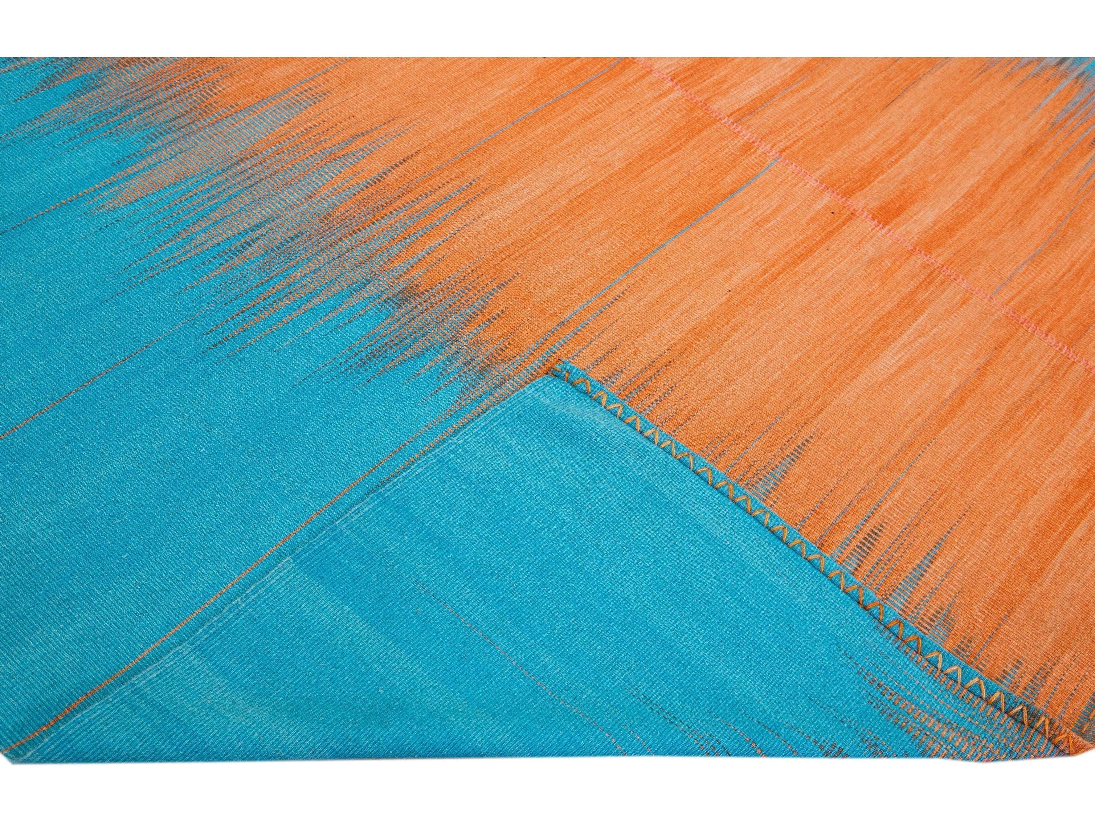 Modern Kilim Flatweave Abstract Designed Blue and Orange Wool Rug
