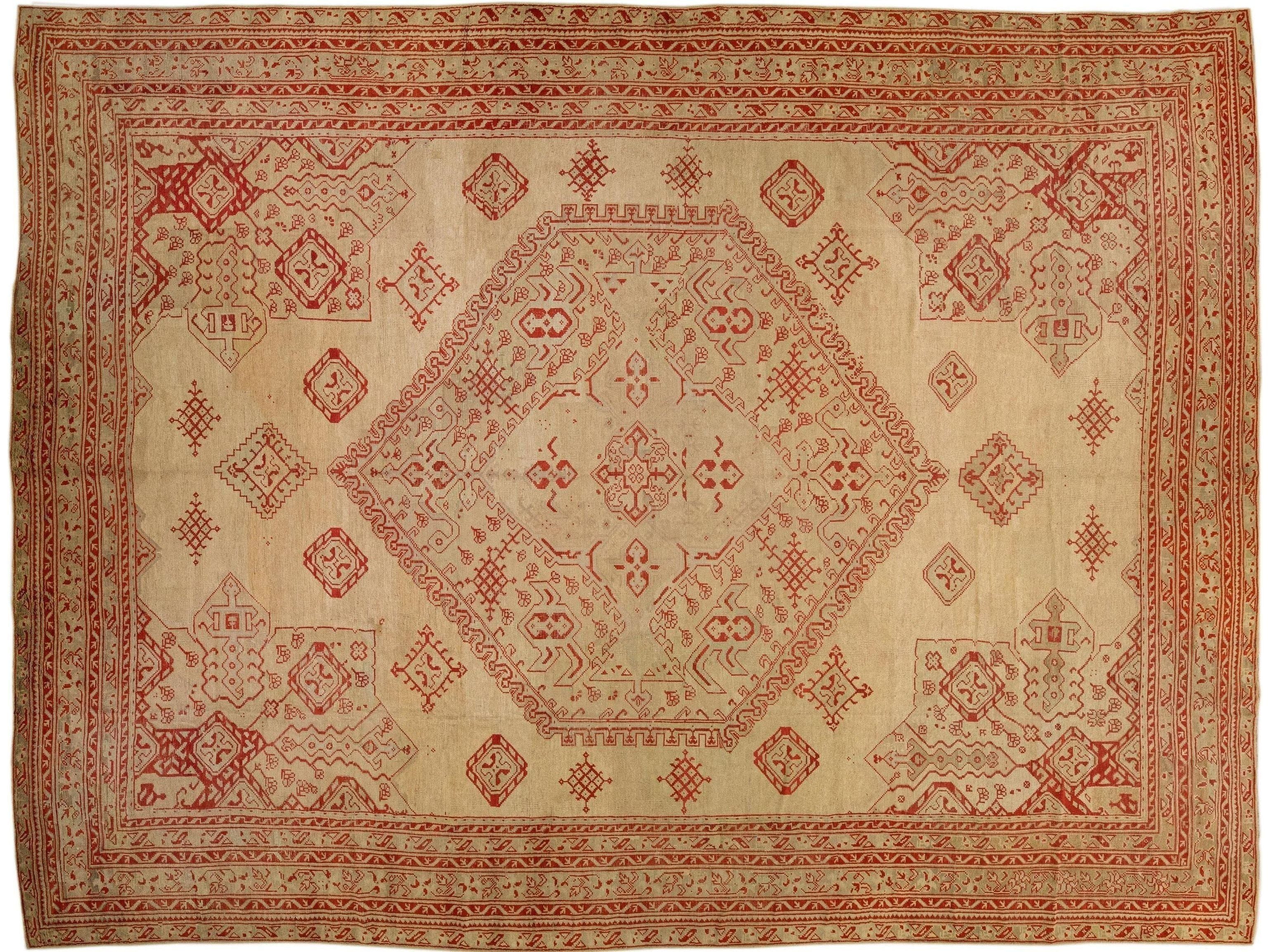 Antique Turkish Oushak Handmade Medallion Designed Tan And Red Oversize Wool Rug