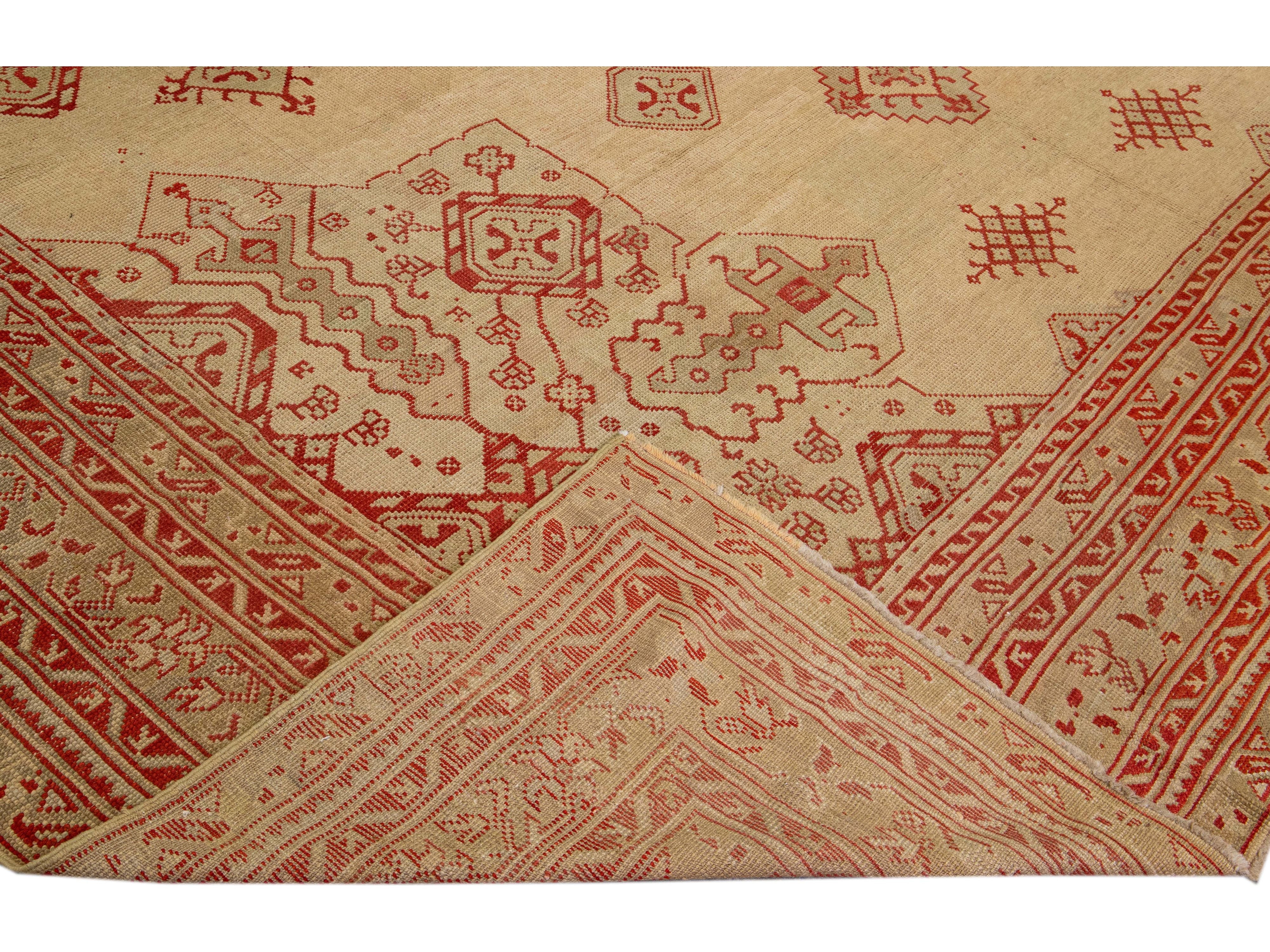 Antique Turkish Oushak Handmade Medallion Designed Tan And Red Oversize Wool Rug