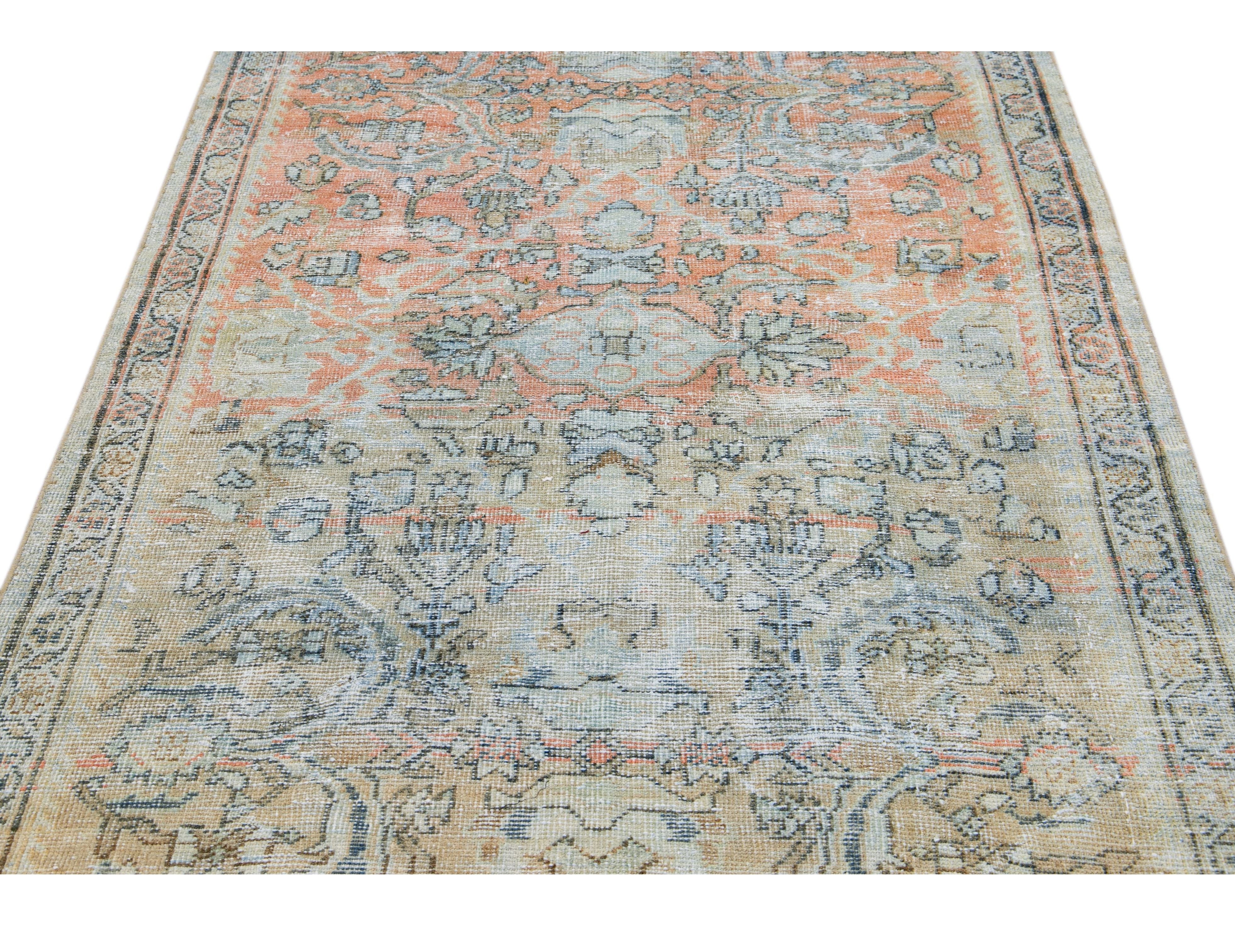 Antique Persian Mahal Handmade Floral Beige And Orange Wool Rug