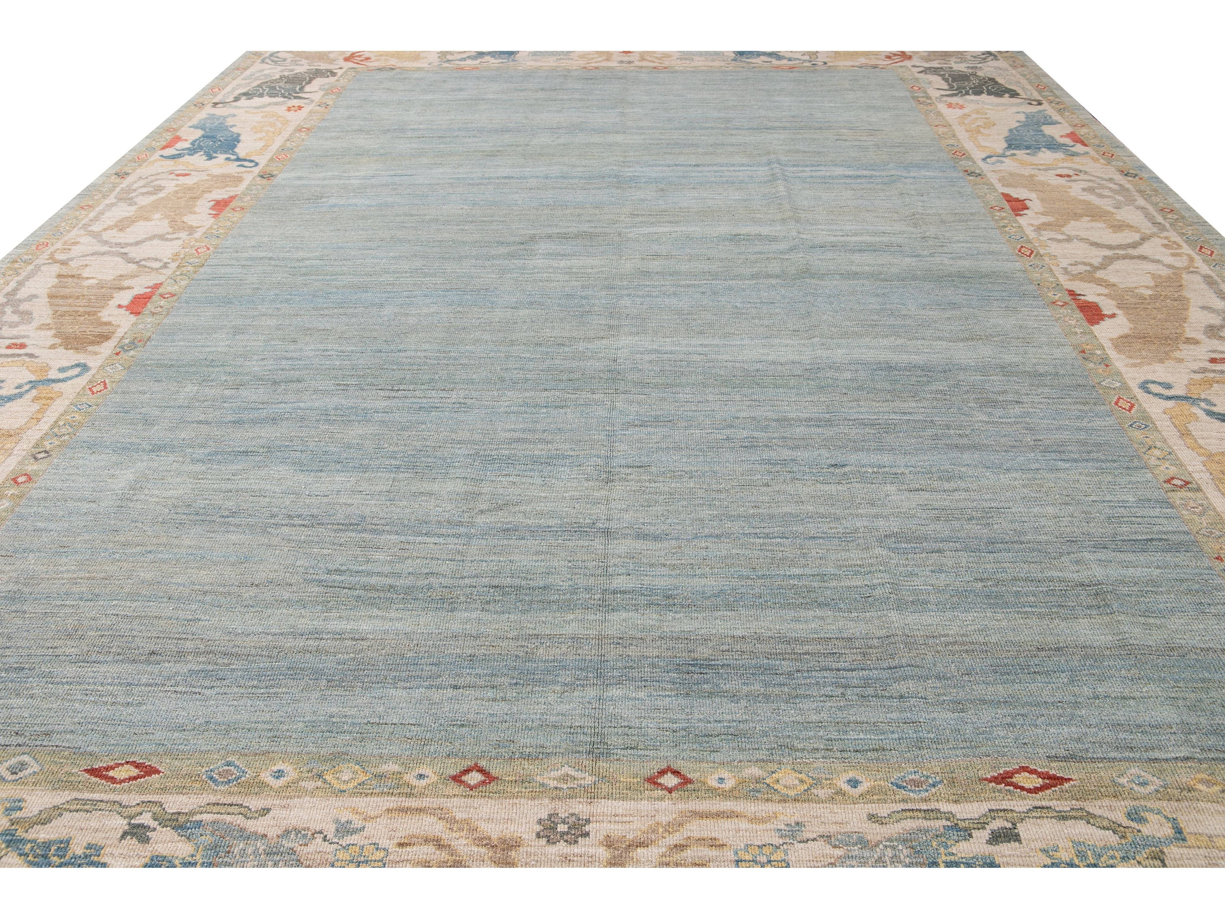 Contemporary Sultanabad Blue and Beige Handmade Designed Oversize Wool Rug