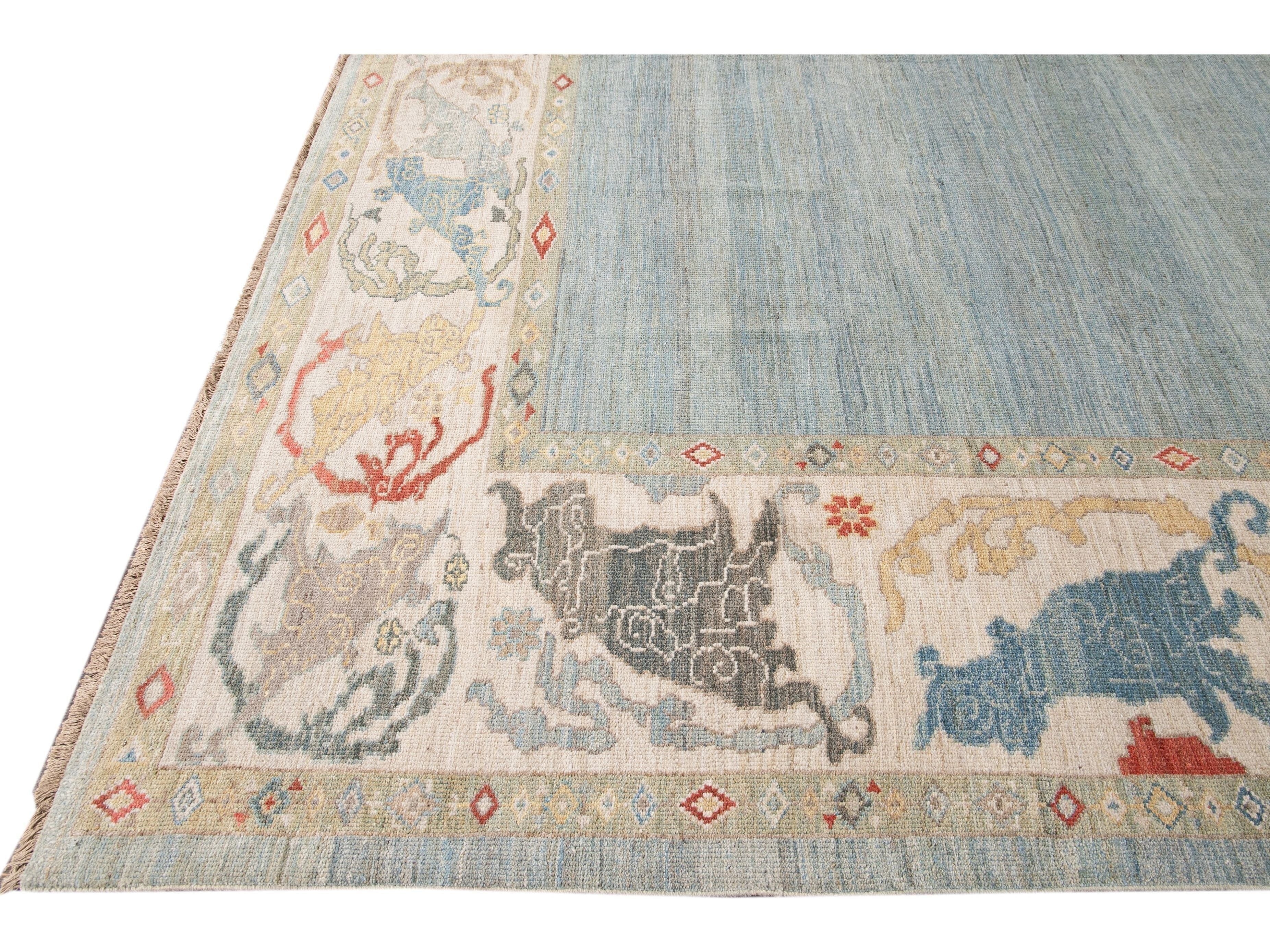 Contemporary Sultanabad Blue and Beige Handmade Designed Oversize Wool Rug