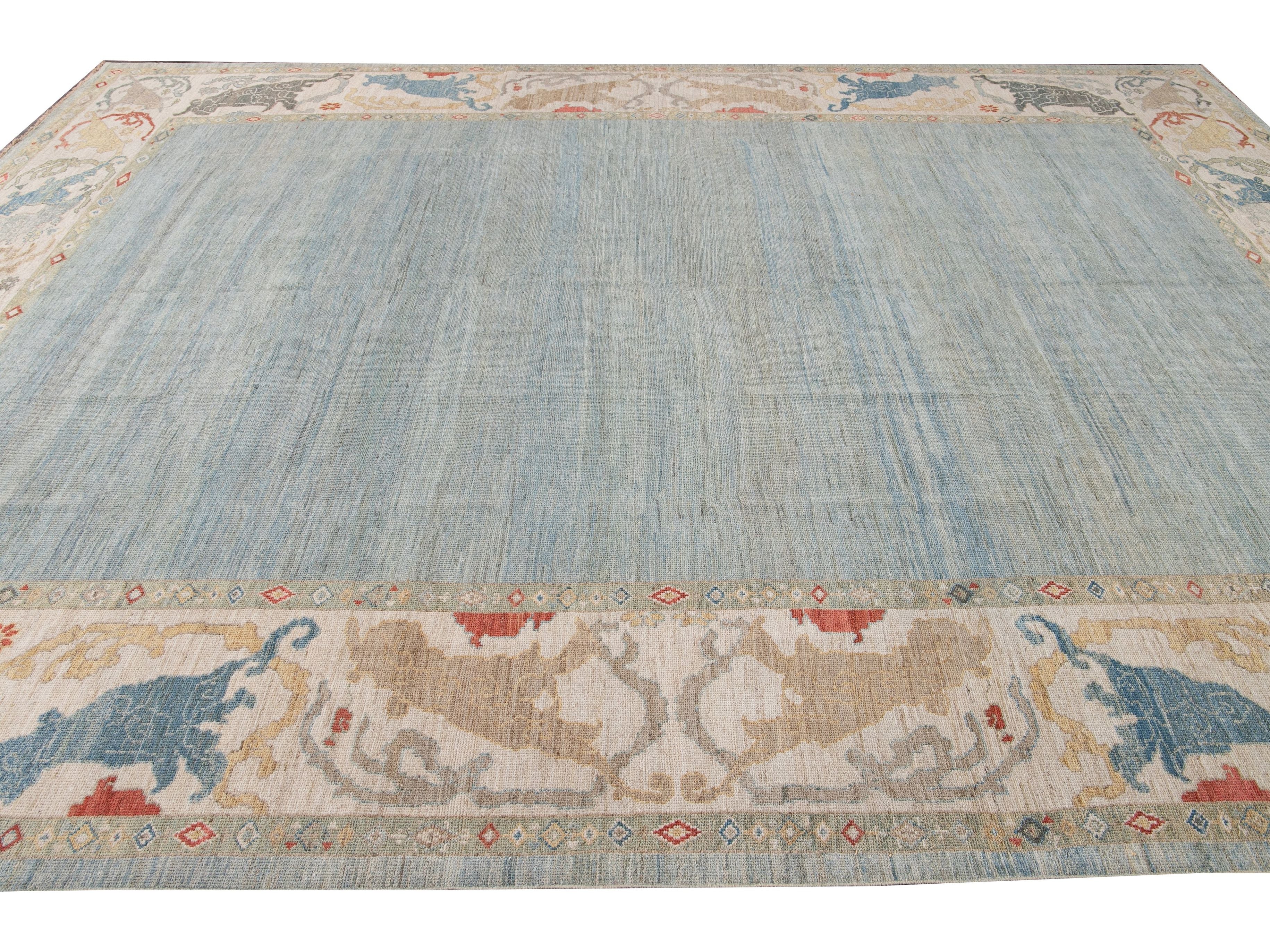 Contemporary Sultanabad Blue and Beige Handmade Designed Oversize Wool Rug