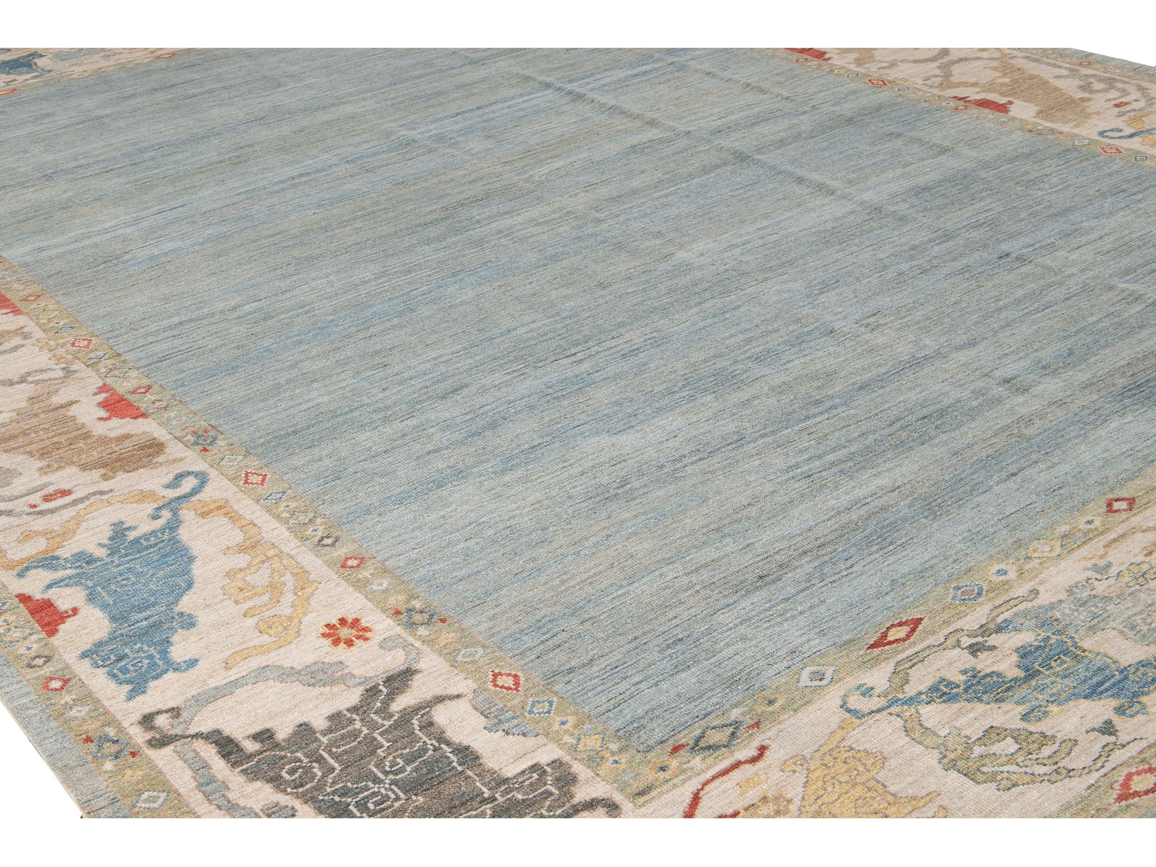 Contemporary Sultanabad Blue and Beige Handmade Designed Oversize Wool Rug