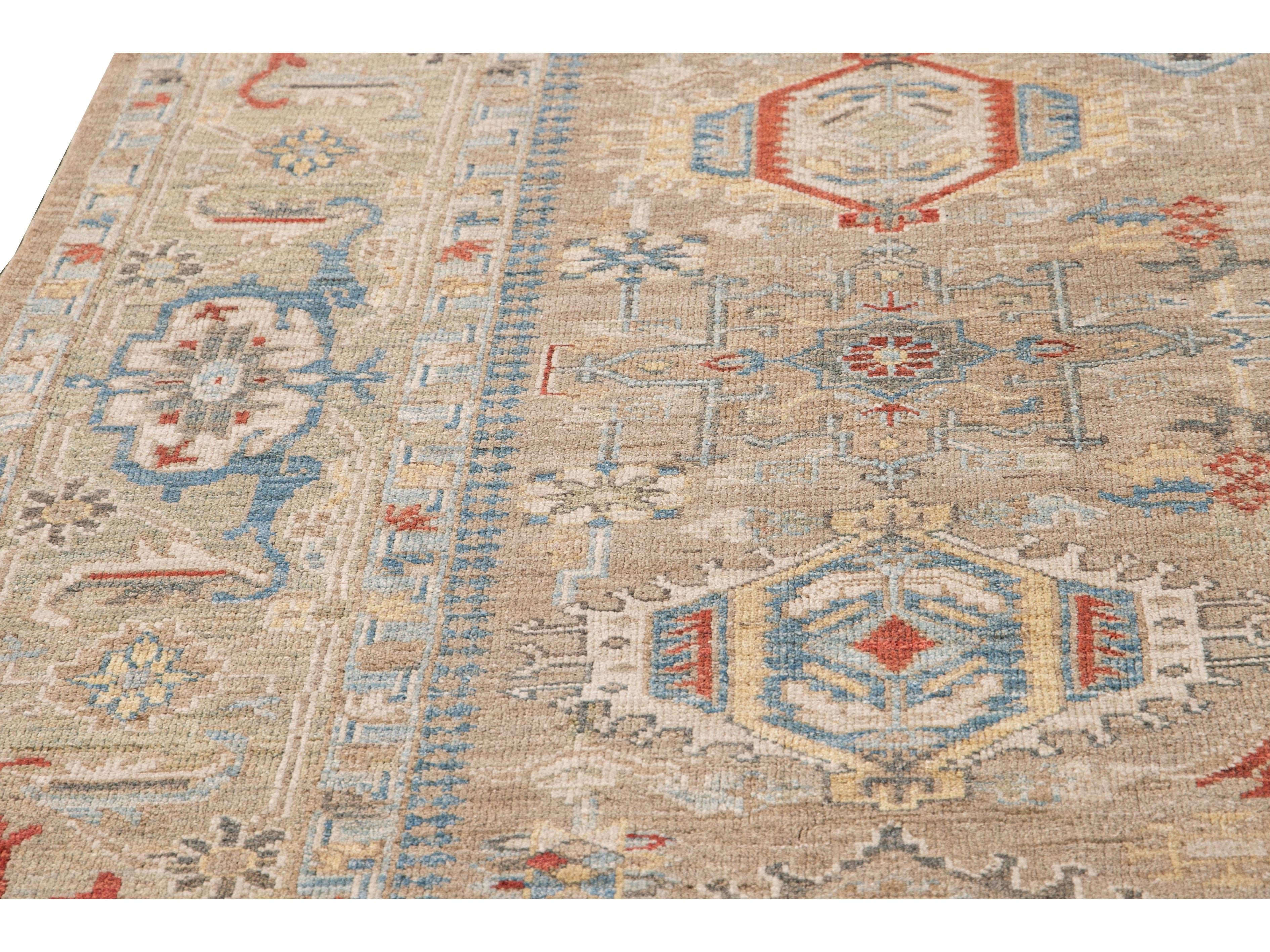 Modern Heriz Style  Handmade Beige Geometric Floral Wool Rug