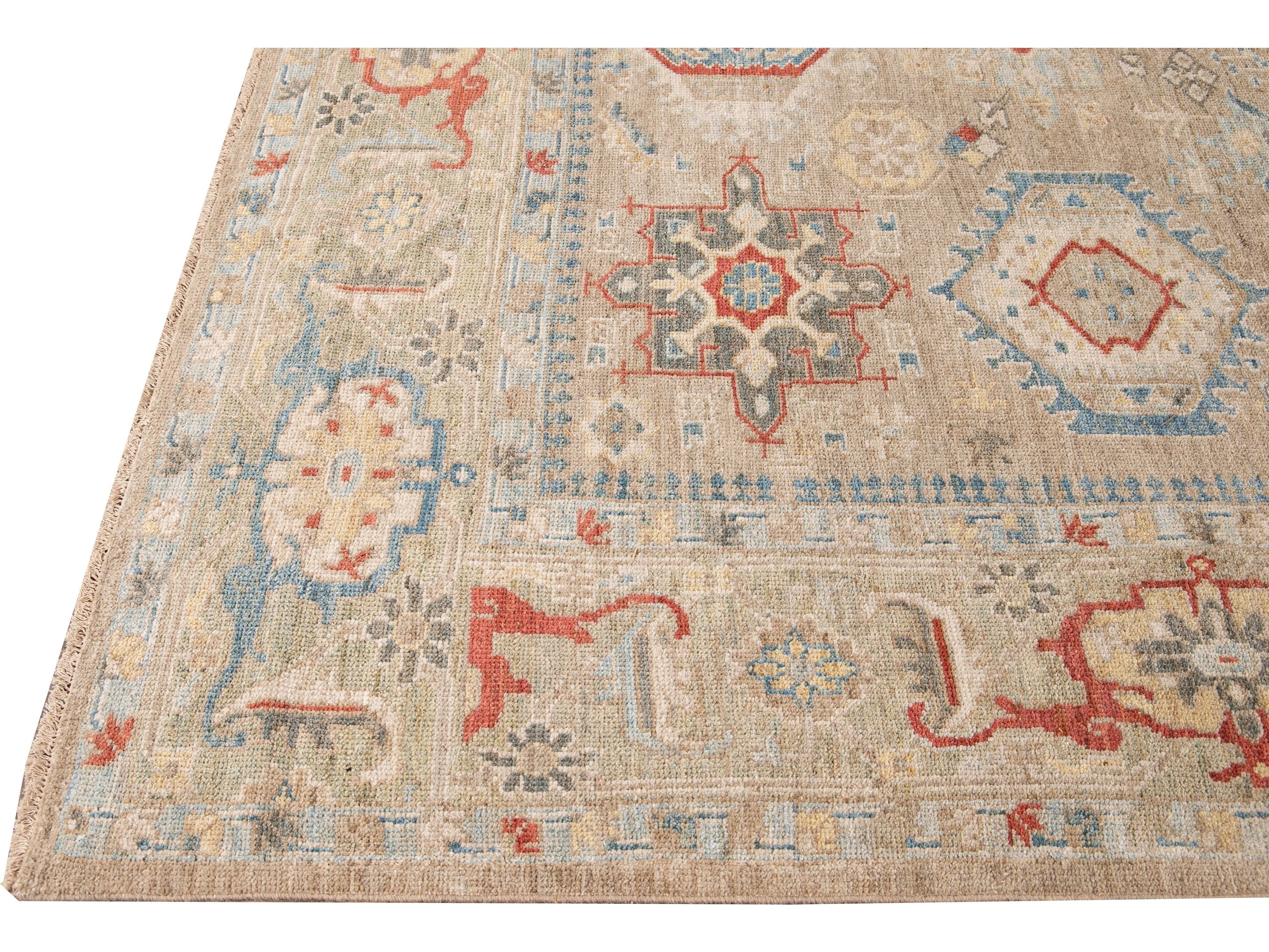 Modern Heriz Style  Handmade Beige Geometric Floral Wool Rug