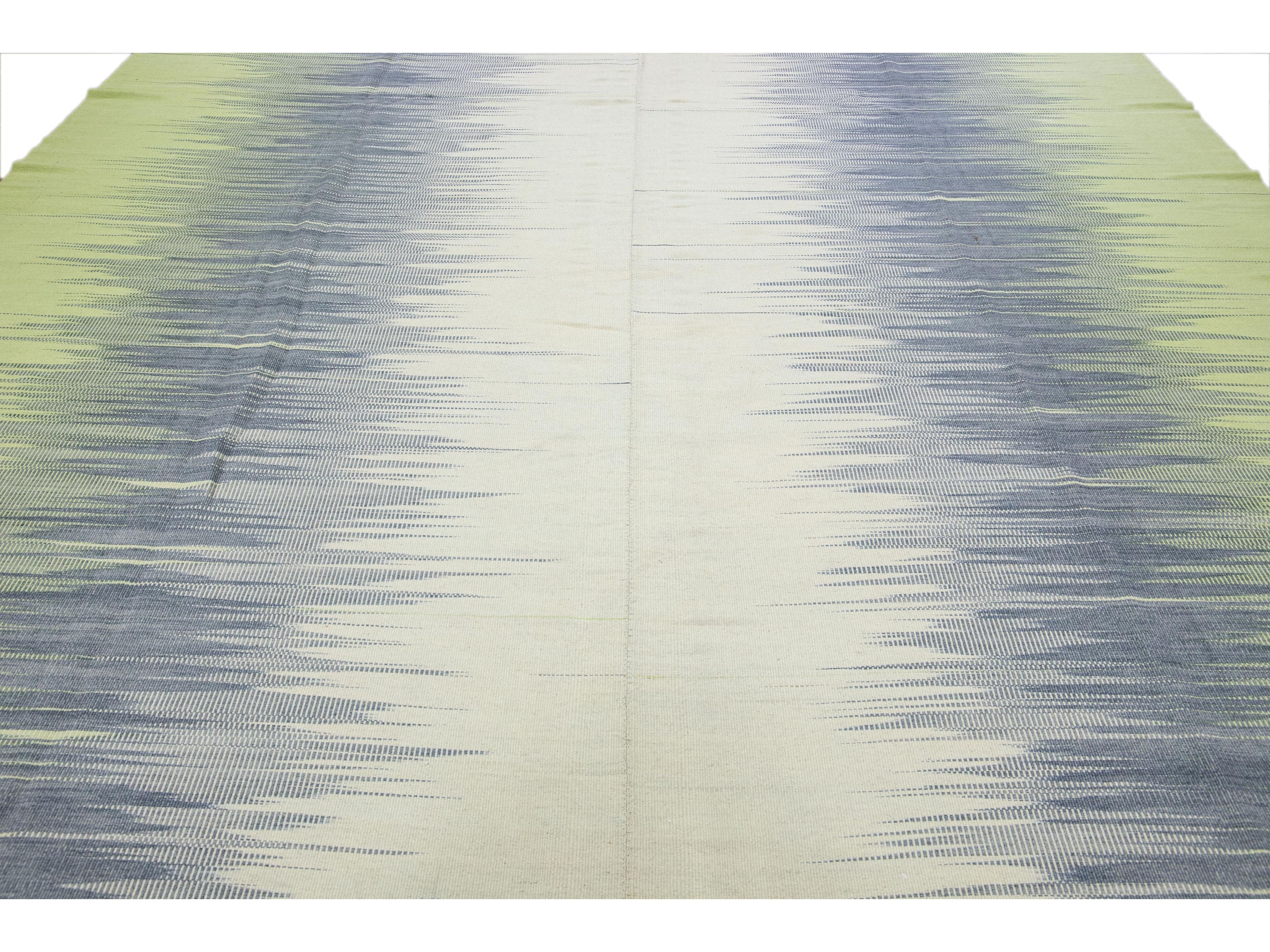 Modern Kilim Green and Gray Abstract Handmade Oversize Wool Rug