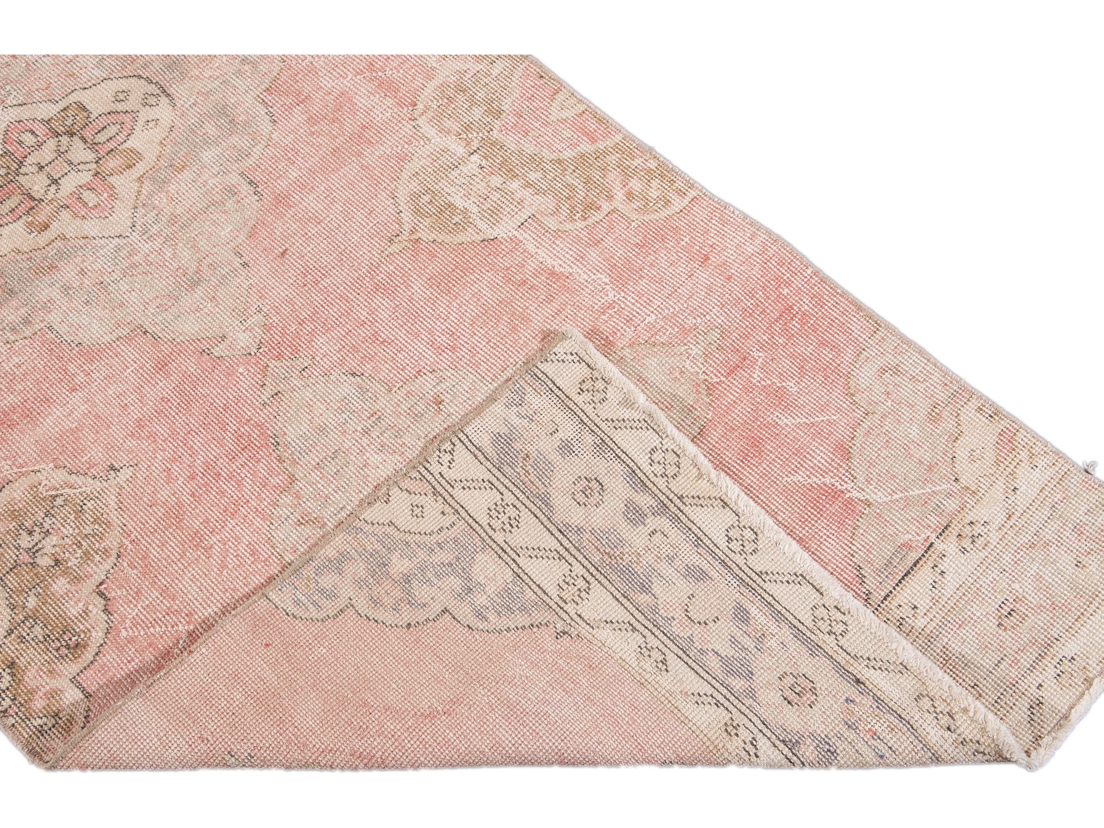 Vintage Turkish Pink and Beige Handmade Medallion Floral Wool Runner