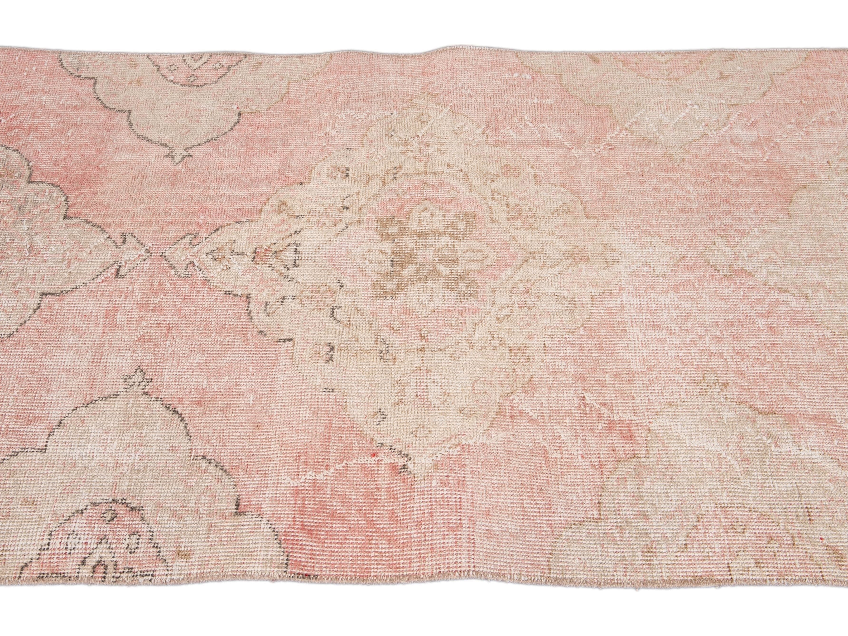 Vintage Turkish Pink and Beige Handmade Medallion Floral Wool Runner
