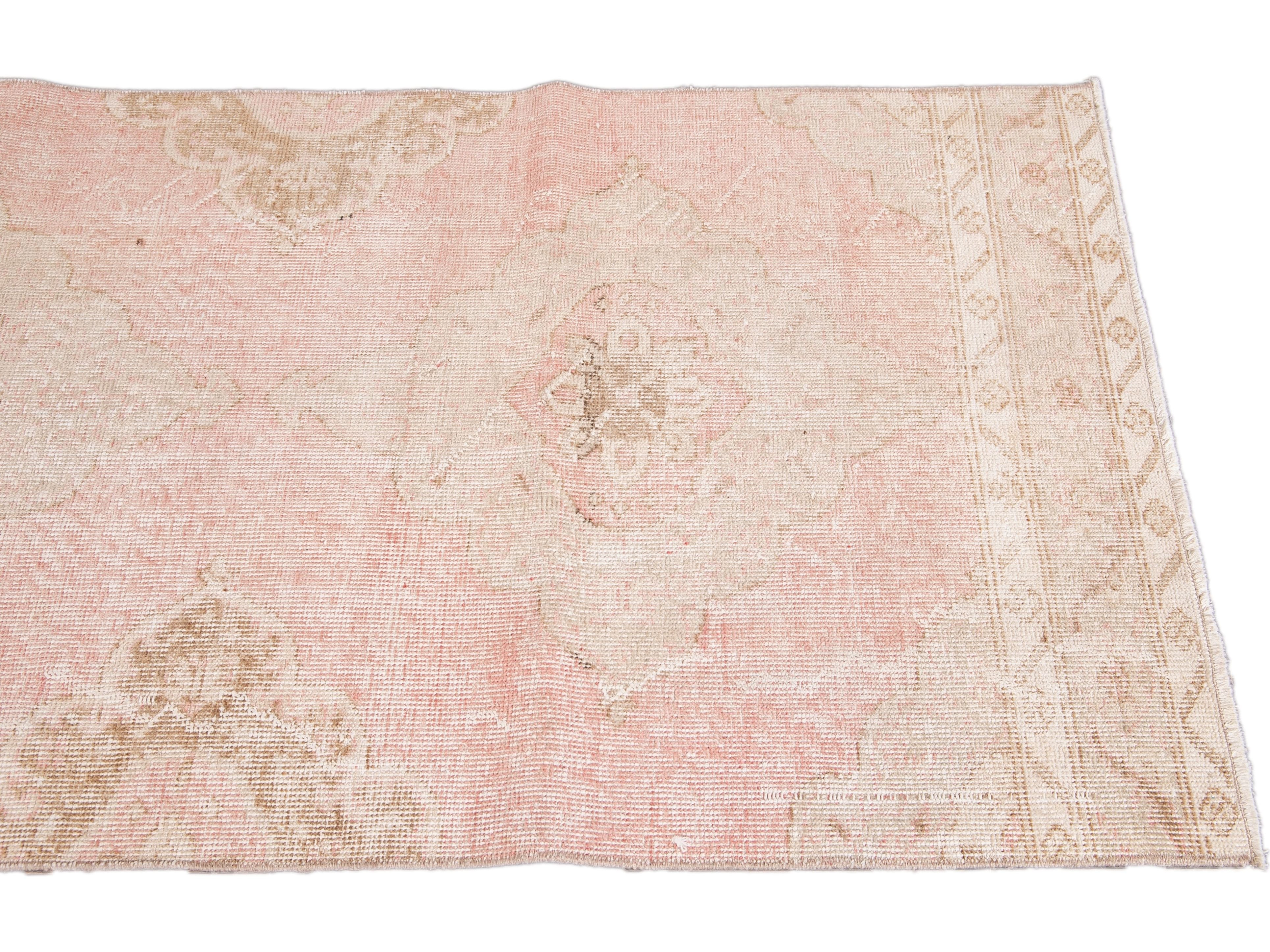 Vintage Turkish Pink and Beige Handmade Medallion Floral Wool Runner