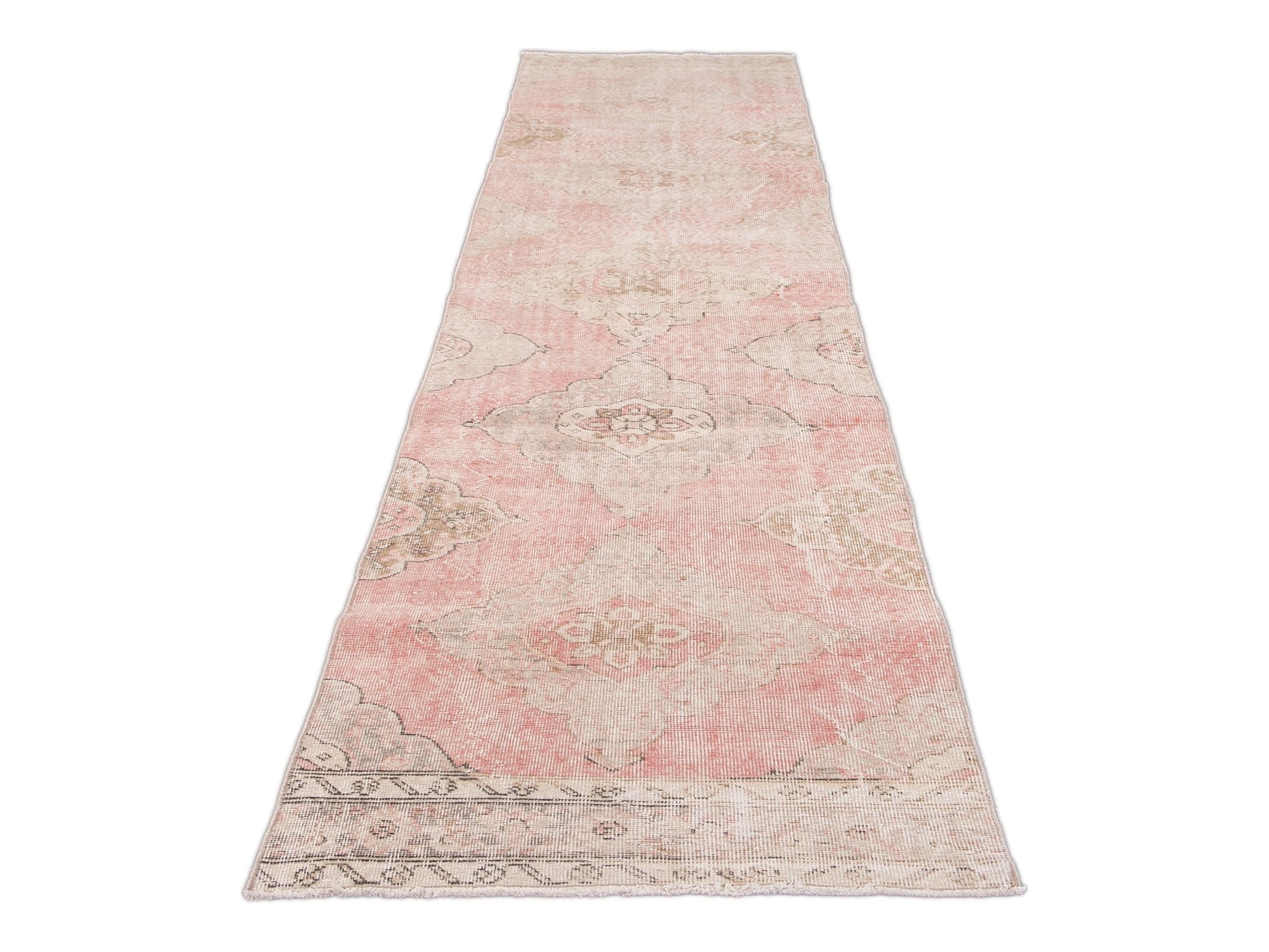 Vintage Turkish Pink and Beige Handmade Medallion Floral Wool Runner