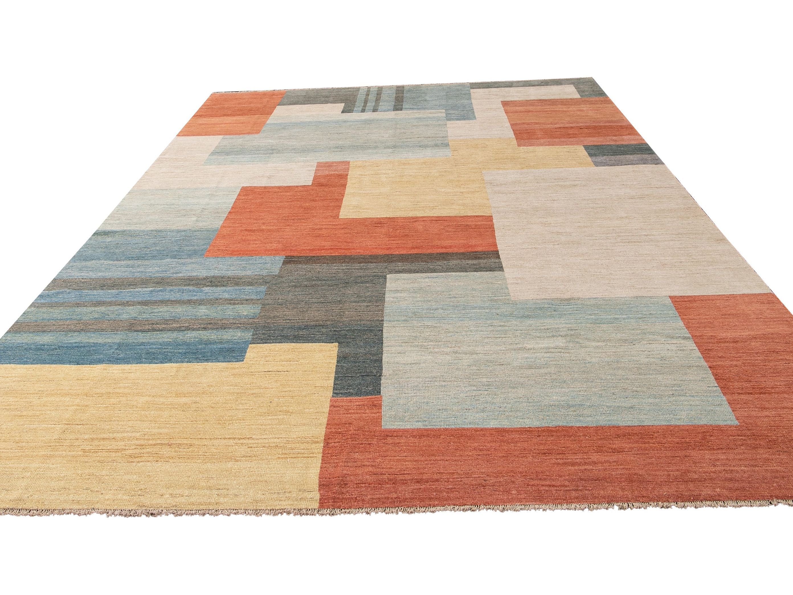 Modern Deco Style Handmade Multicolor Geometric Abstract Wool Rug