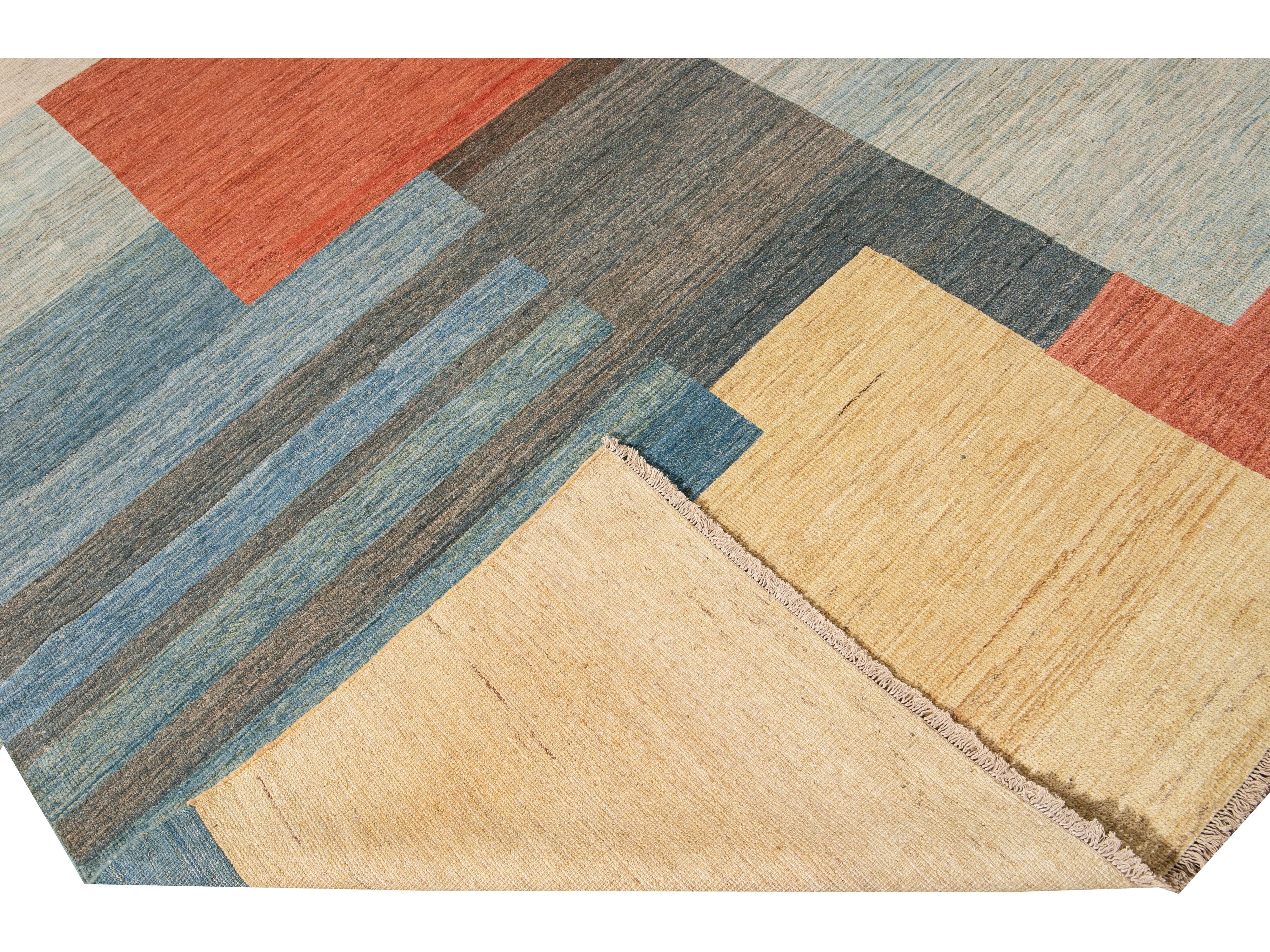 Modern Deco Style Handmade Multicolor Geometric Abstract Wool Rug