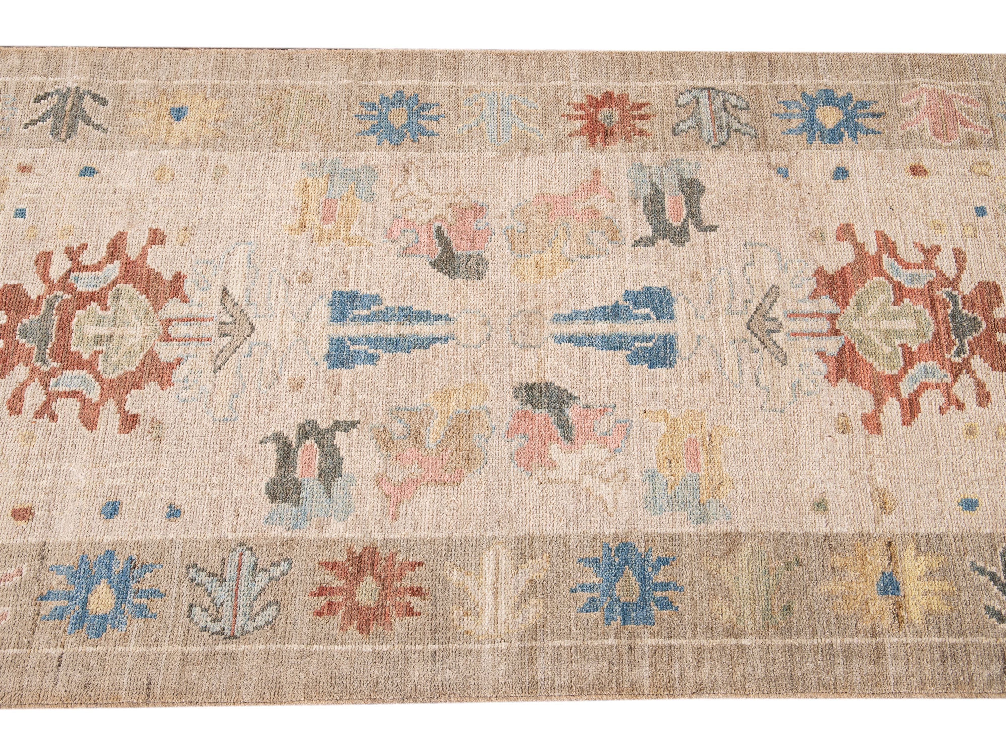 Modern Sultanabad Handmade Beige Geometric Floral Long Wool Runner