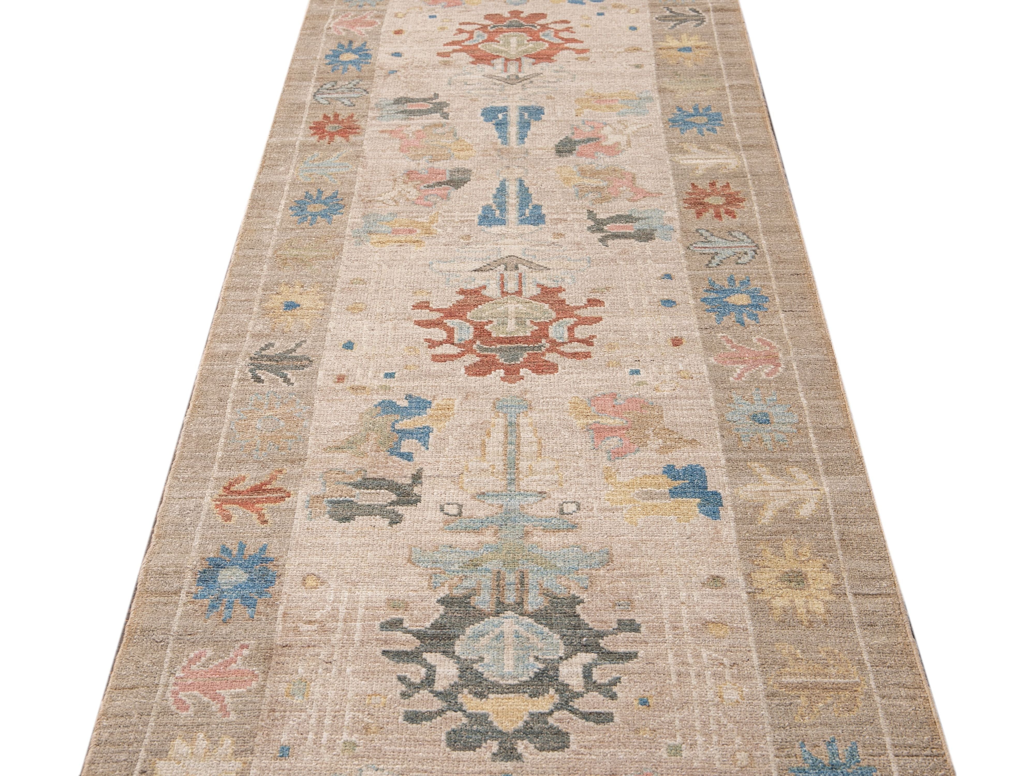 Modern Sultanabad Handmade Beige Geometric Floral Long Wool Runner