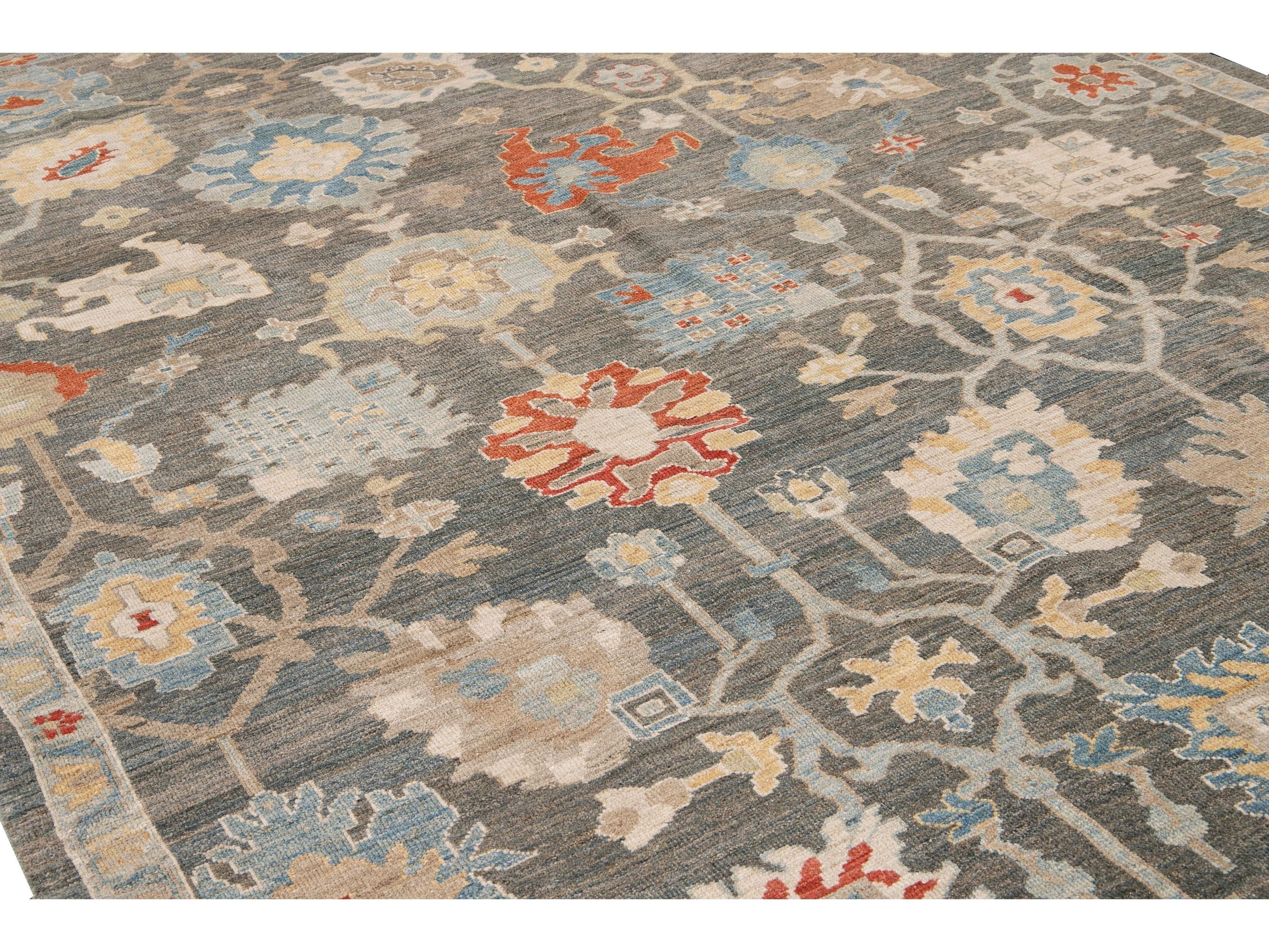 Modern Sultanabad Gray Handmade Floral Designed Wool Rug