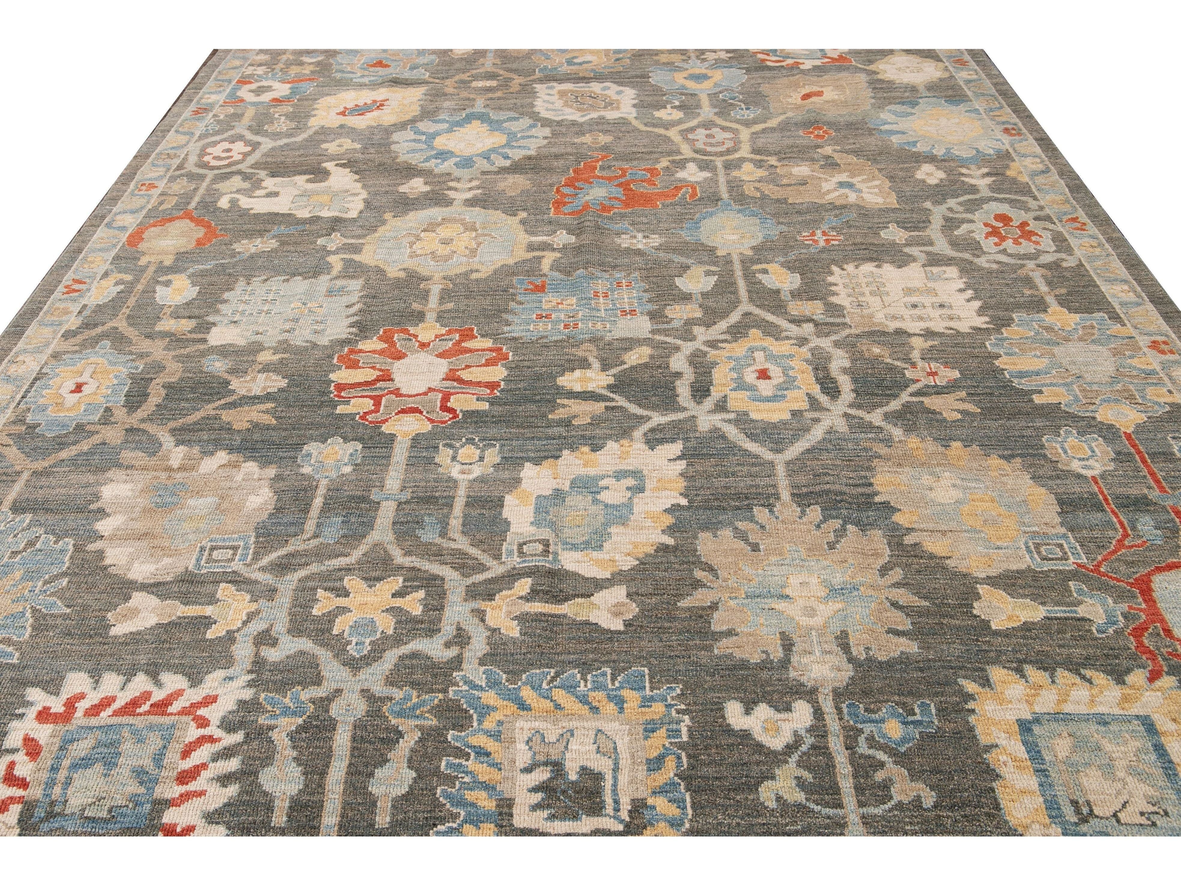 Modern Sultanabad Gray Handmade Floral Designed Wool Rug