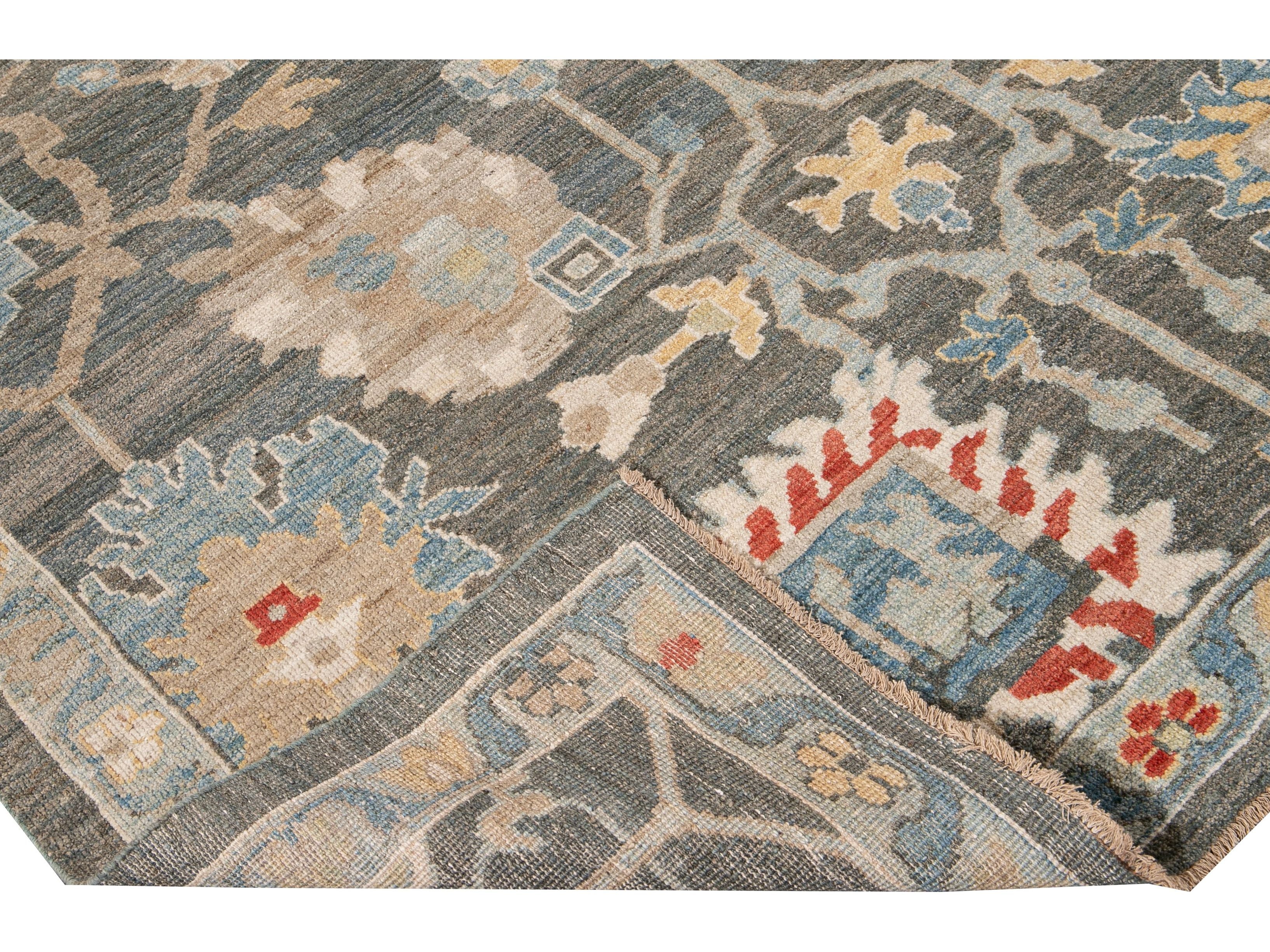Modern Sultanabad Gray Handmade Floral Designed Wool Rug