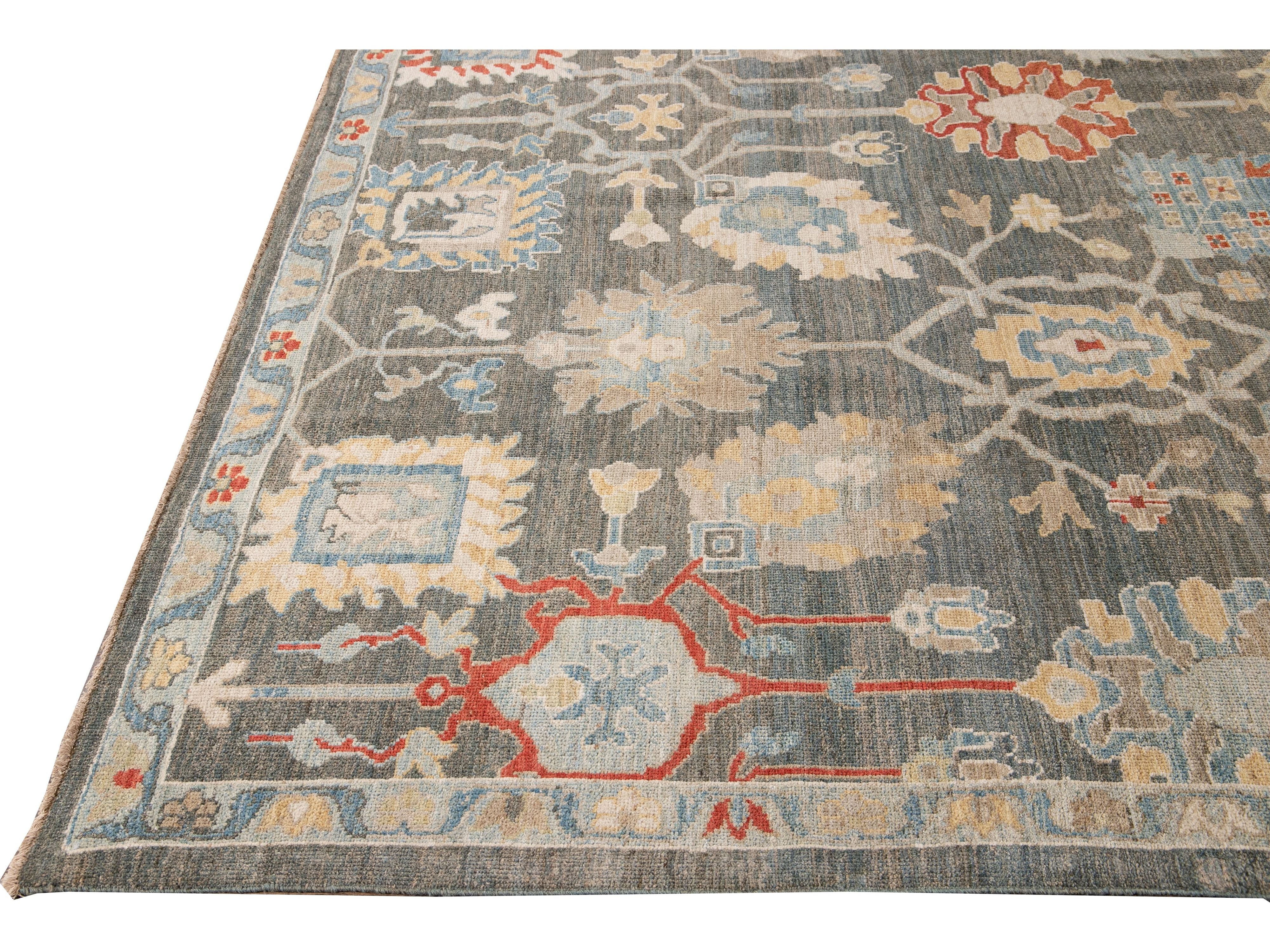 Modern Sultanabad Gray Handmade Floral Designed Wool Rug