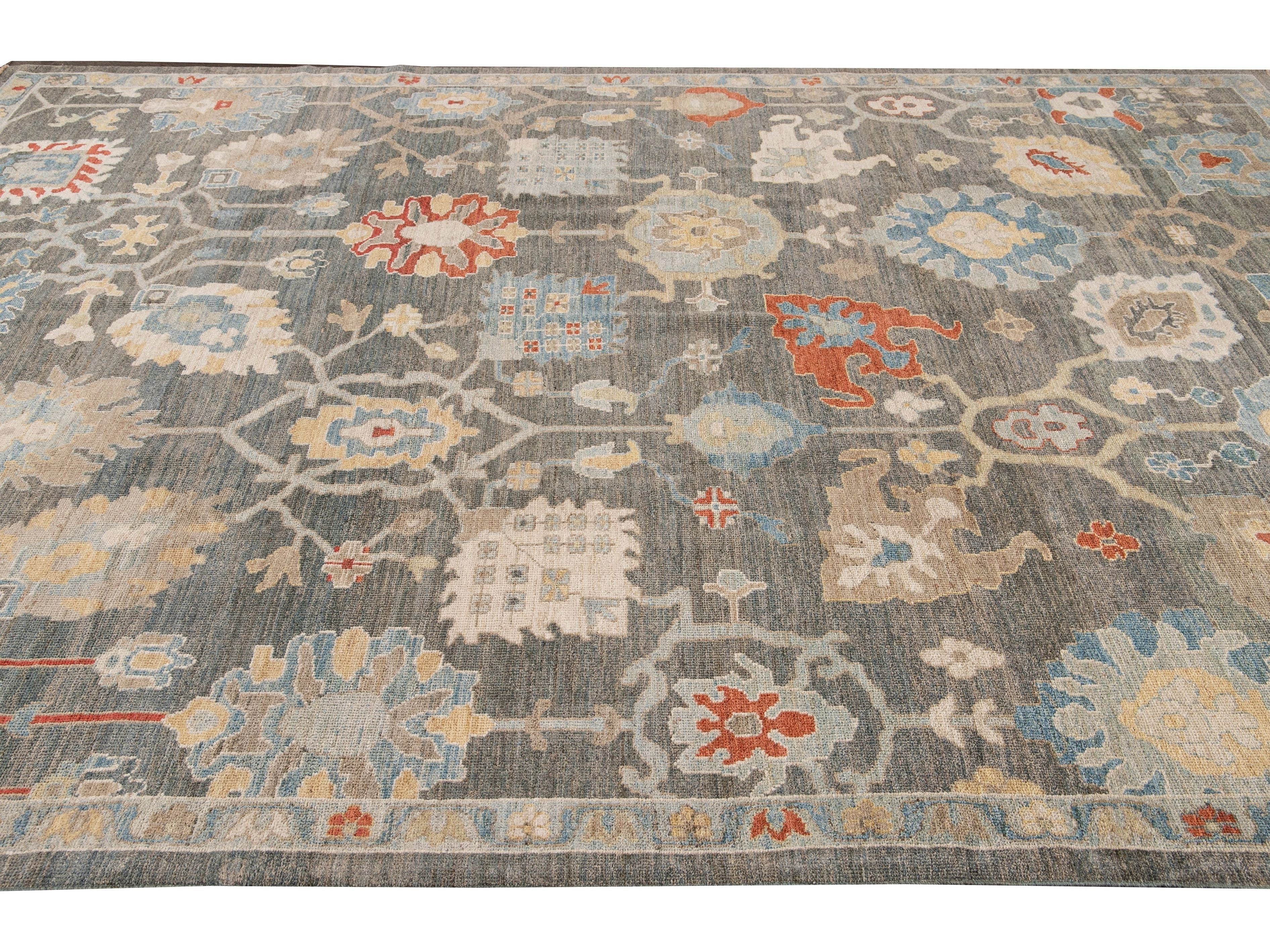 Modern Sultanabad Gray Handmade Floral Designed Wool Rug