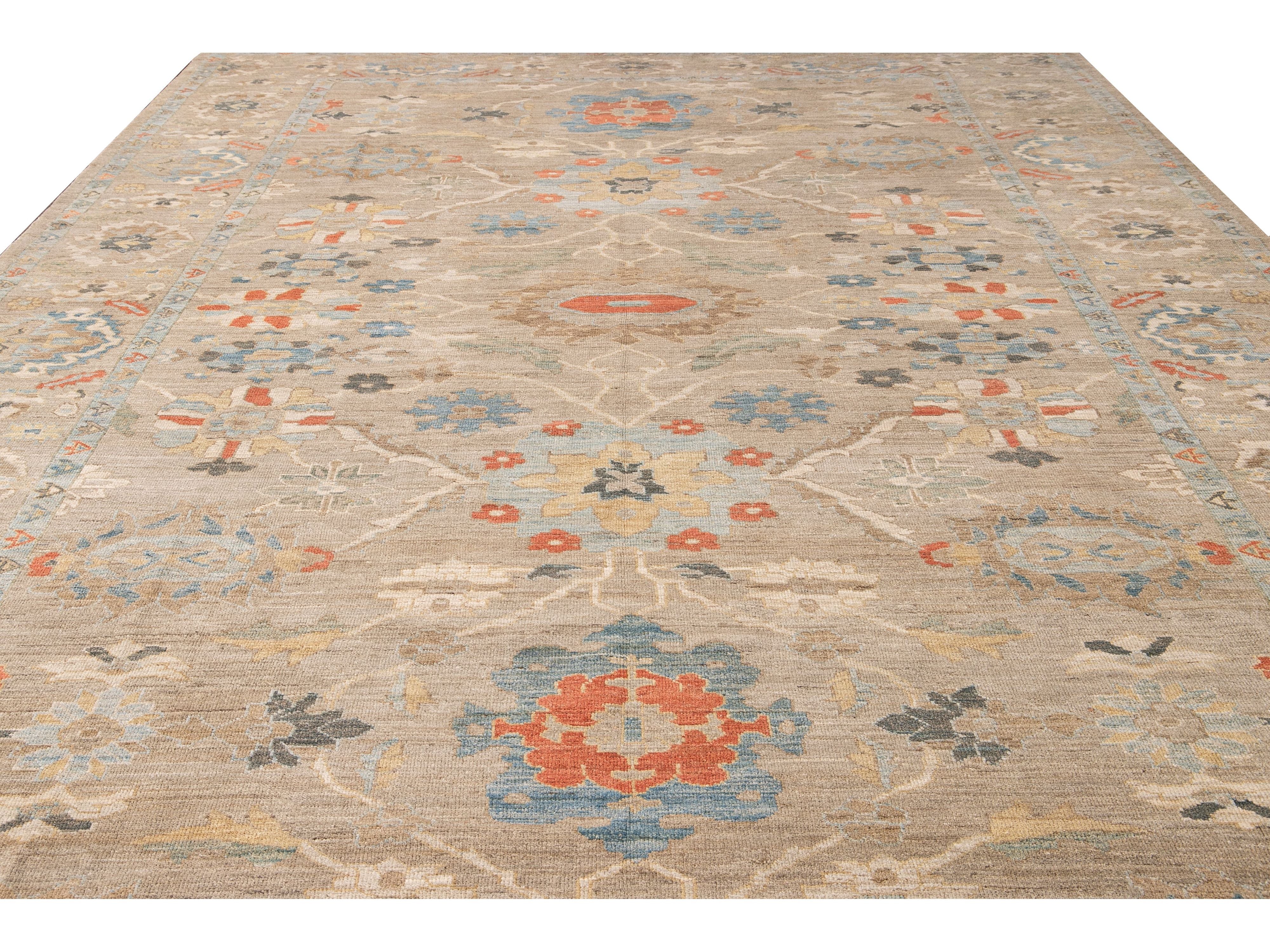 Modern Sultanabad Handmade Beige Floral Oversize Wool Rug