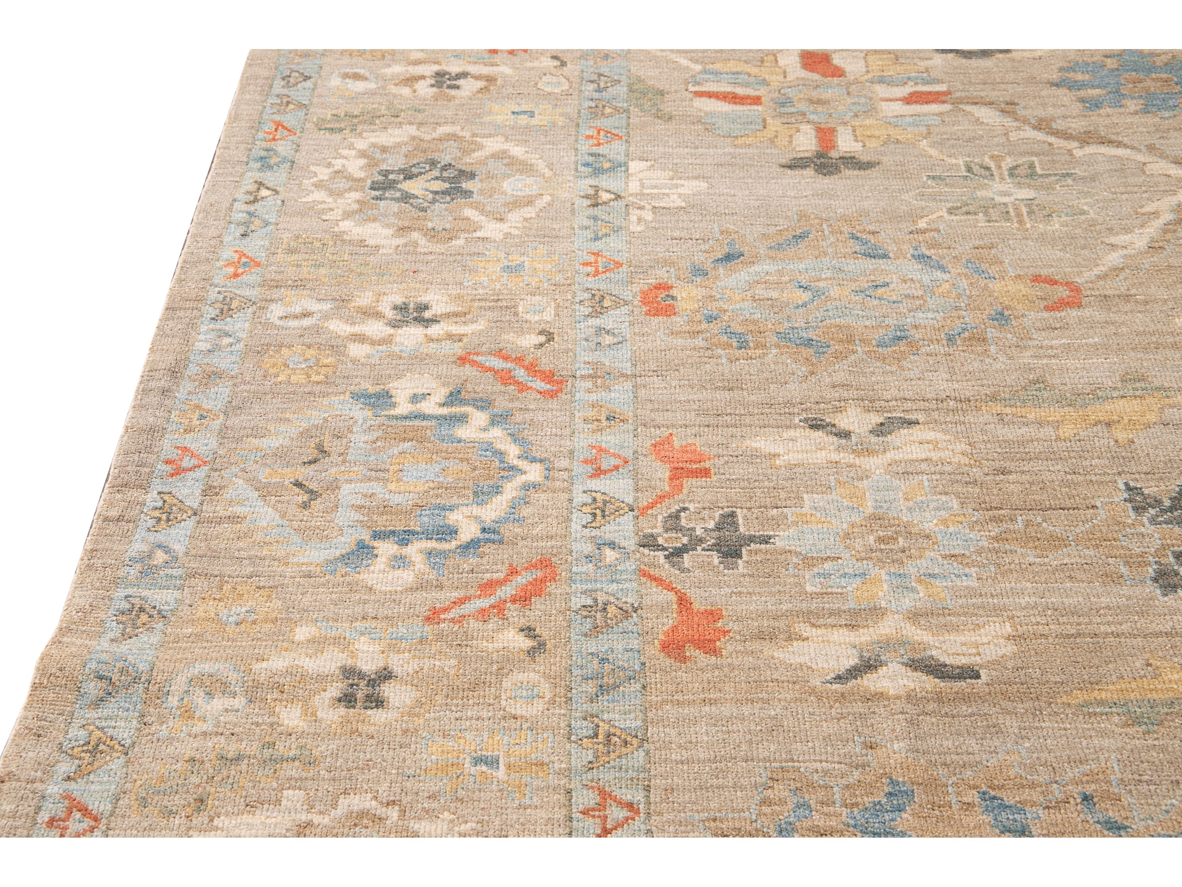 Modern Sultanabad Handmade Beige Floral Oversize Wool Rug