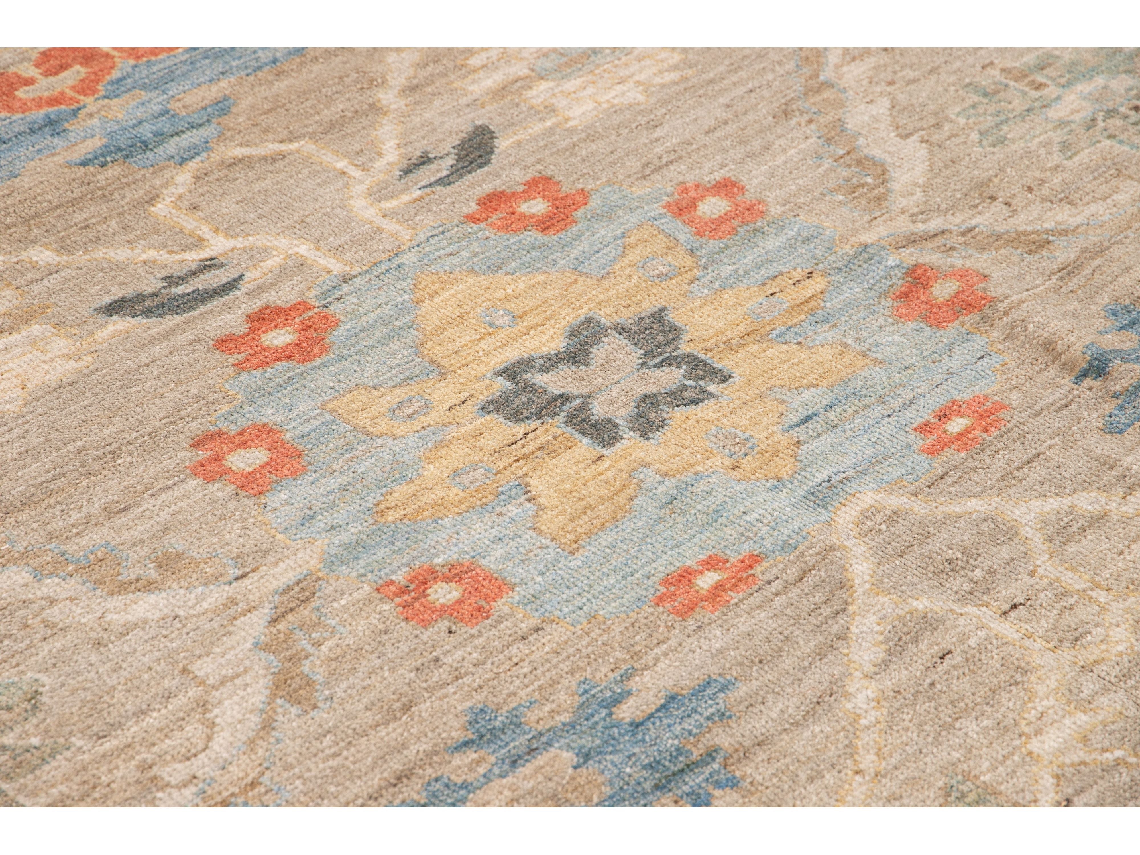 Modern Sultanabad Handmade Beige Floral Oversize Wool Rug
