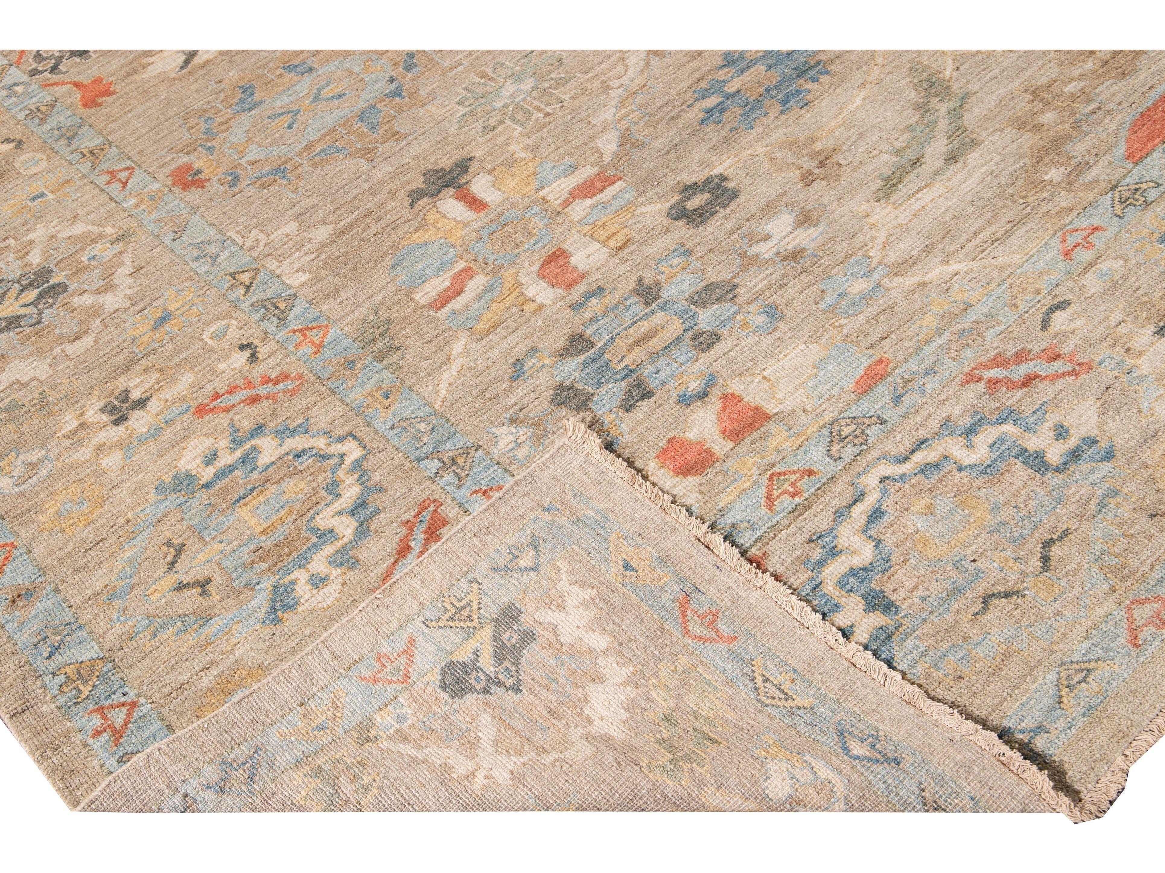 Modern Sultanabad Handmade Beige Floral Oversize Wool Rug