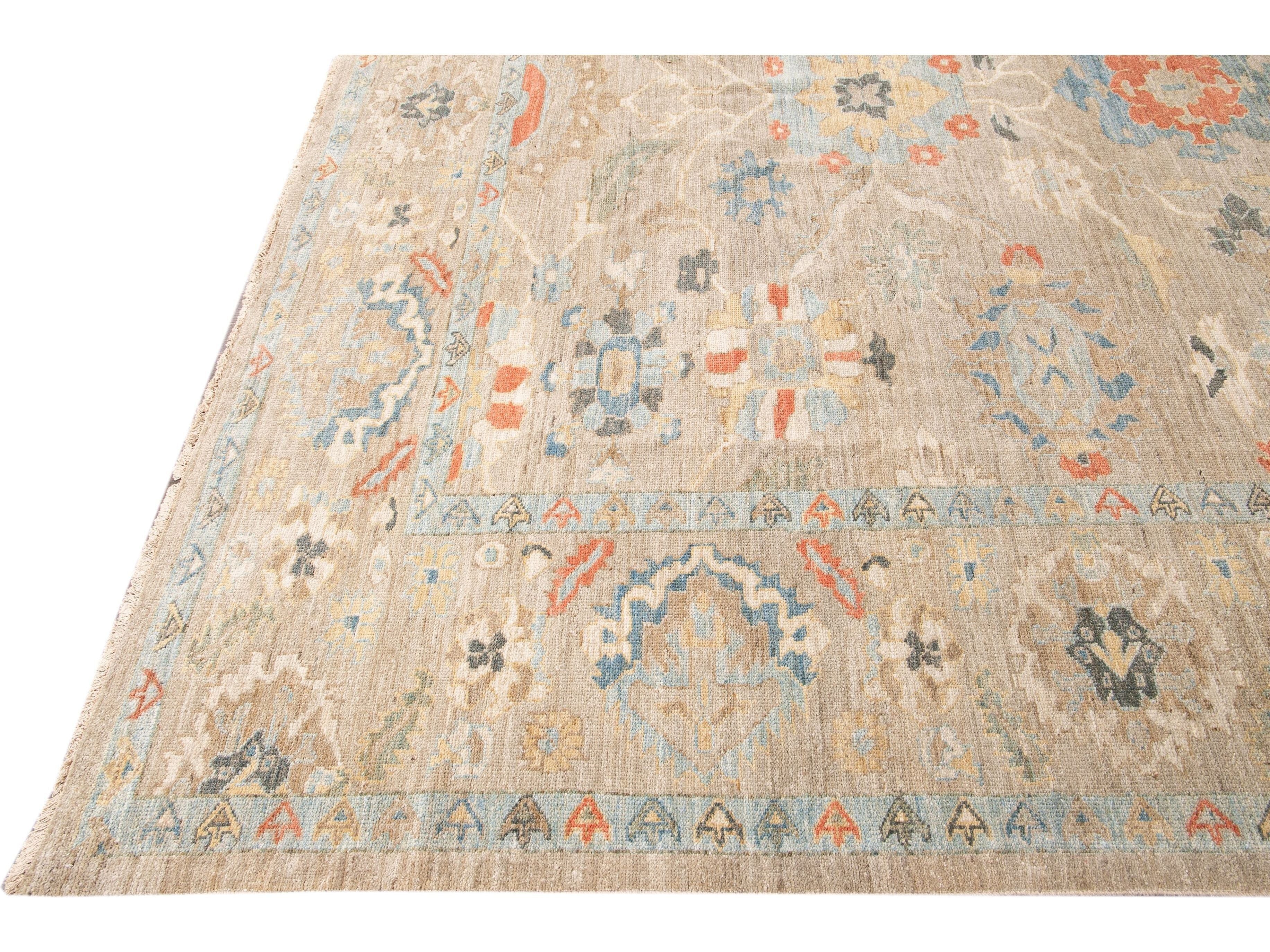 Modern Sultanabad Handmade Beige Floral Oversize Wool Rug